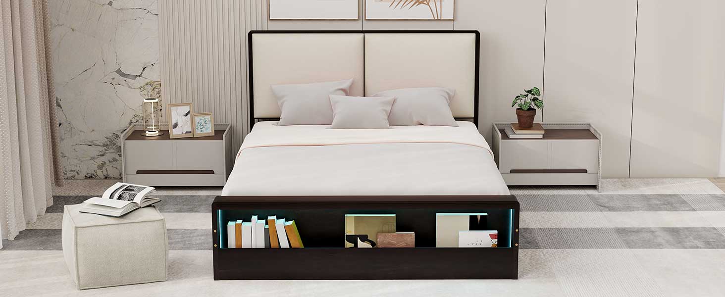 Queen Size Platform Bed Frame With Upholstery Headboard And Bookshelf In Footboard And Led Light Strips, Espresso Queen Espresso Solid Wood Mdf