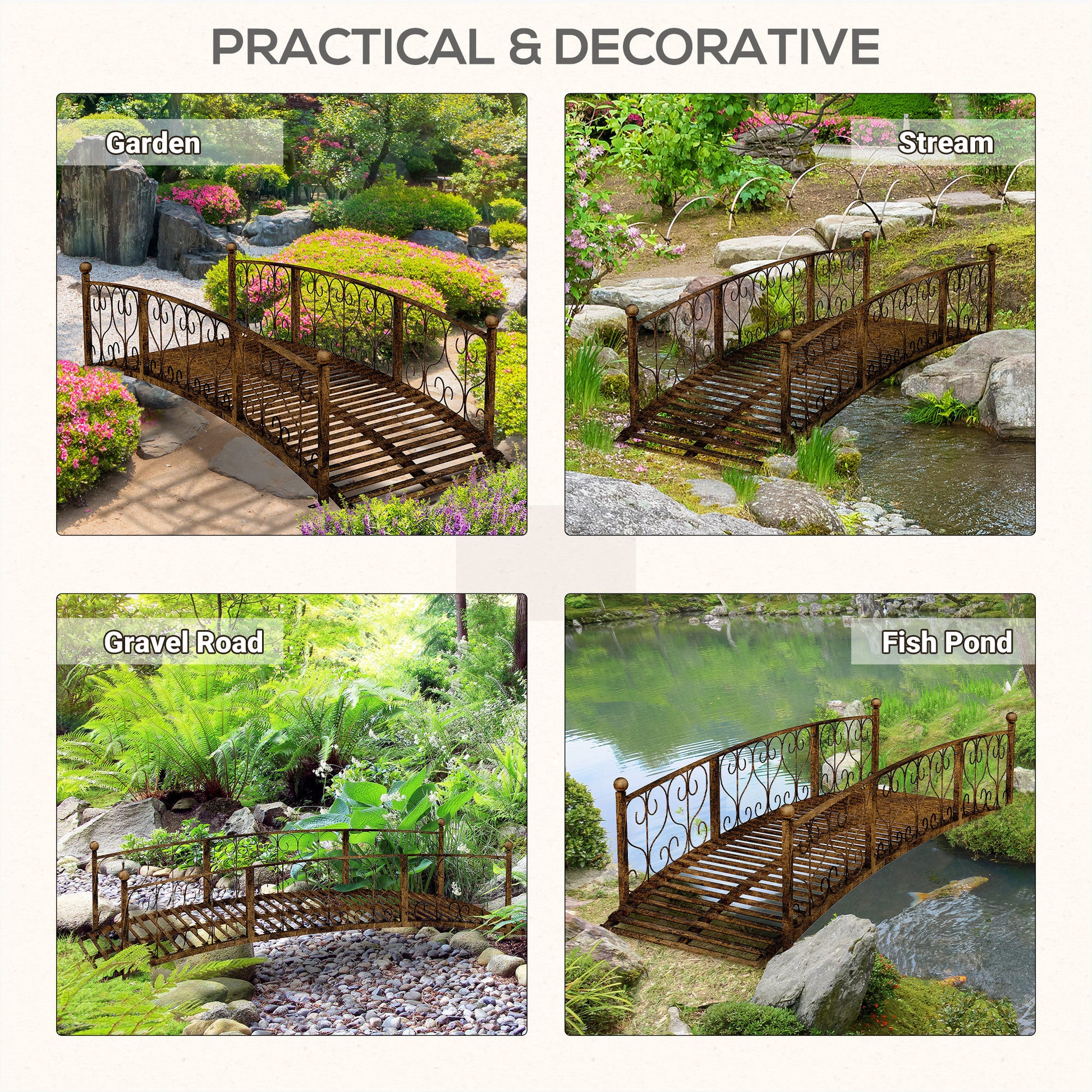 Outsunny 7' Metal Arch Garden Bridge With Safety Siderails, Decorative Arc Footbridge With Delicate Scrollwork "S" Motifs For Backyard Creek, Stream, Fish Pond, Bronze Bronze Steel