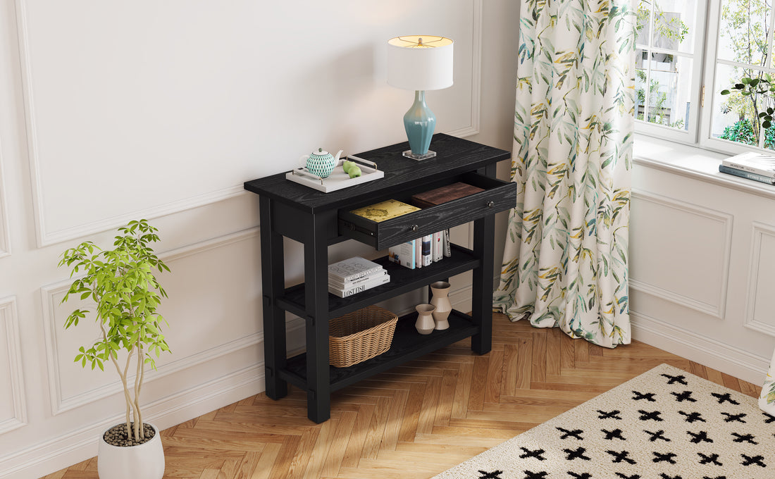 Retro Console Table With Drawer And Two Sturdy Shelves For Entryway, Living Room Black Black Mdf,Rubber Wood