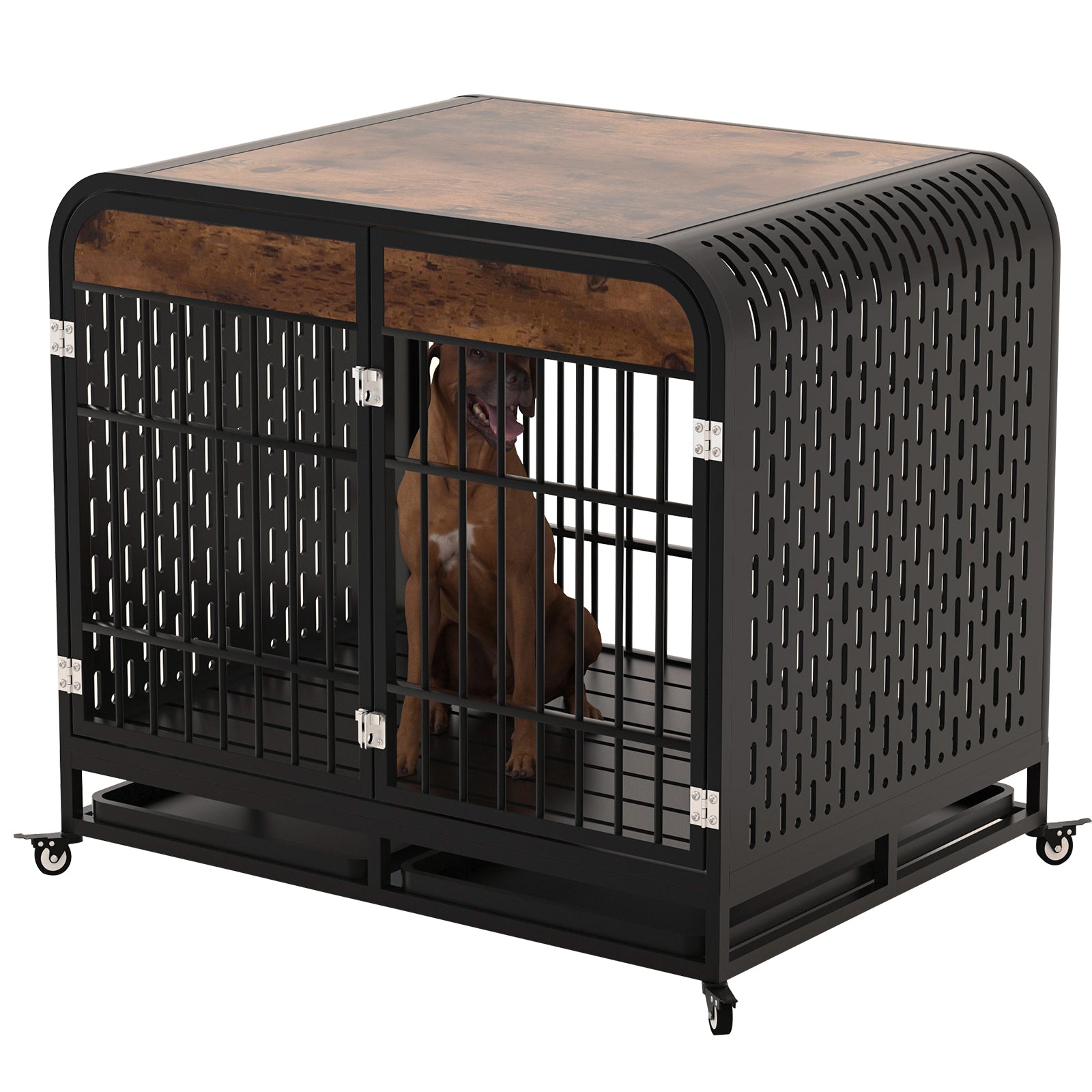 Heavy Duty Dog Crate Furniture Wooden Table Pet Dog Cage Kennel House Indoor Side End Table Decor With Removable Trays And Lockable Wheels For Medium And Large Dogs 42" Brown Brown Outdoor Kennel Large 41 70 Lbs Mdf Steel