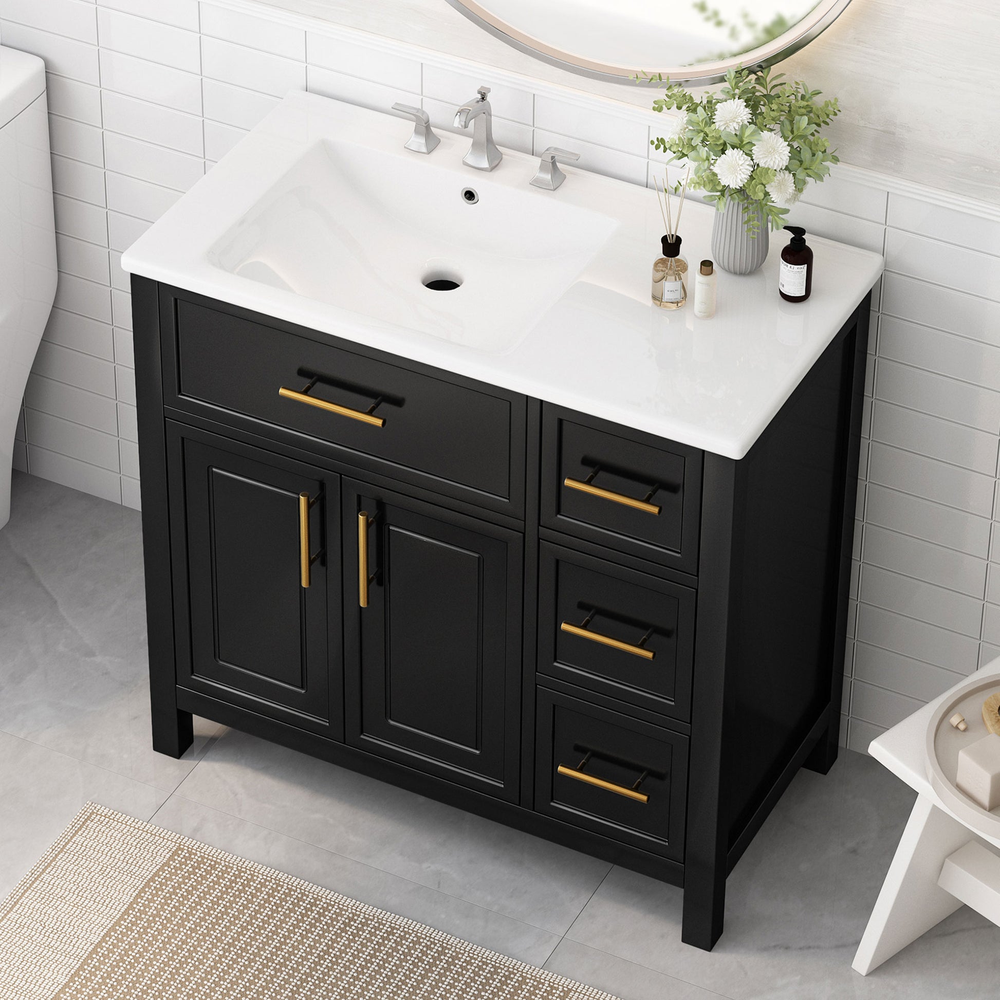 36" Bathroom Vanity With Sink Top, Bathroom Vanity Cabinet With Two Doors And Three Drawers, Solid Woodmdf Boards ,One Package, Black Black Solid Wood Mdf