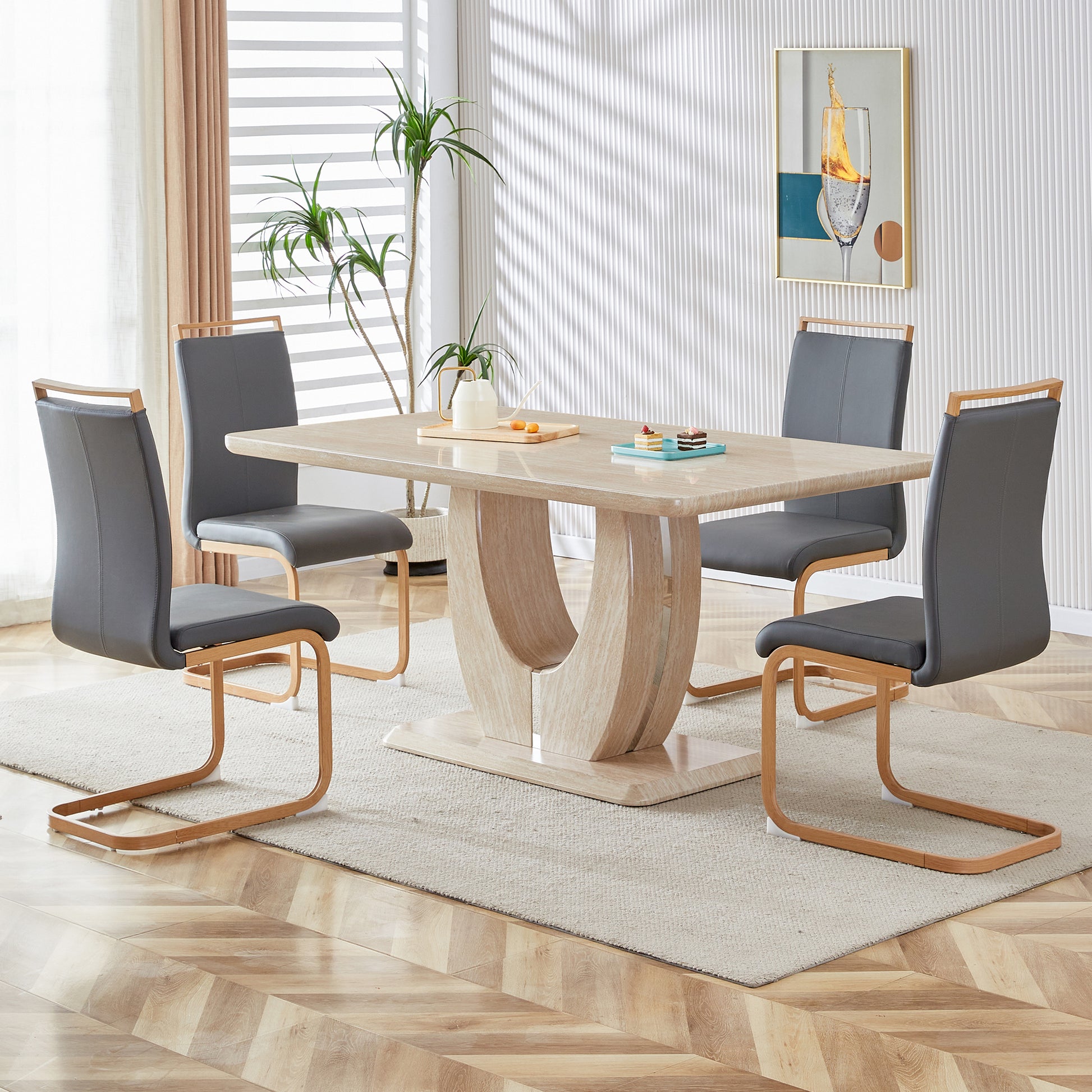 Table And Chair Set. Modern Minimalist Luxury Mdf Rectangular Dining Table With Textured Stickers On The Table And 4 Pu Synthetic Leather High Back Upholstered Side Chairs. Dark Gray Seats 4 Mdf