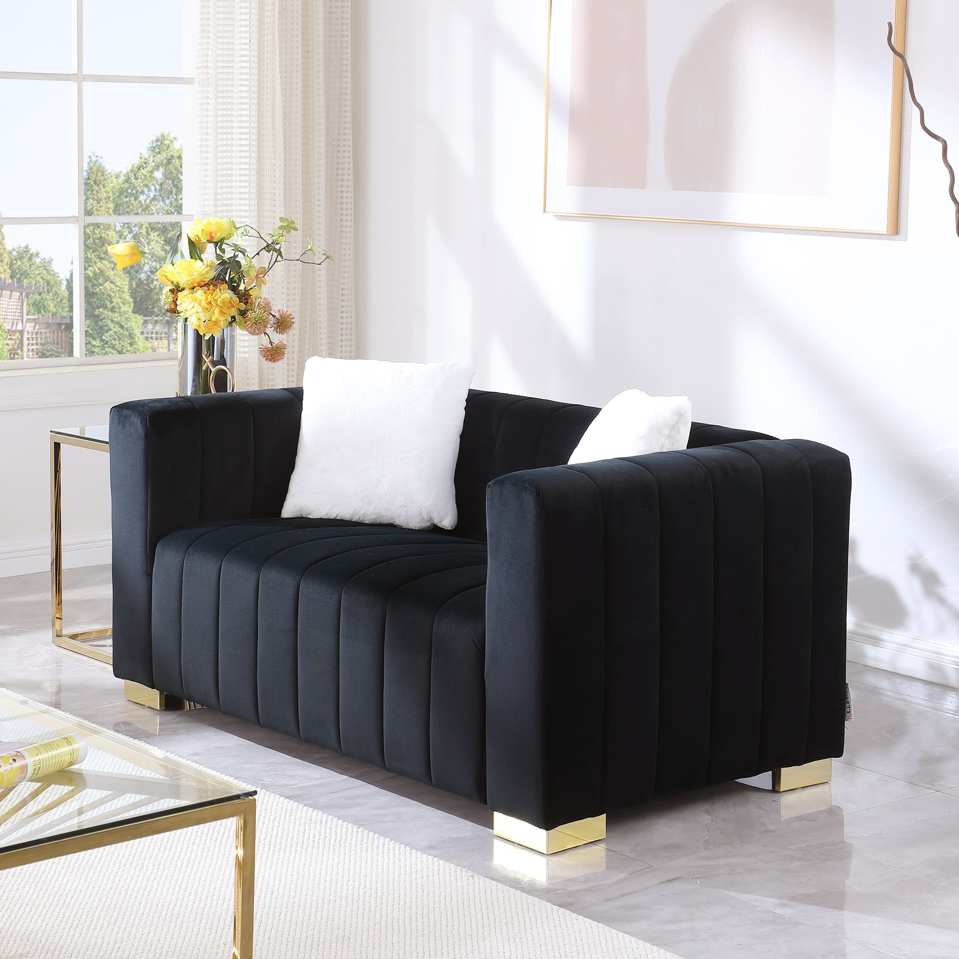 A Modern Channel Sofa Take On A Traditional Chesterfield,Black Color,Seater Black Velvet 2 Seat