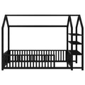 Twin Size Metal House Bed With Fence And Detachable Storage Shelves, Black Twin Black Metal