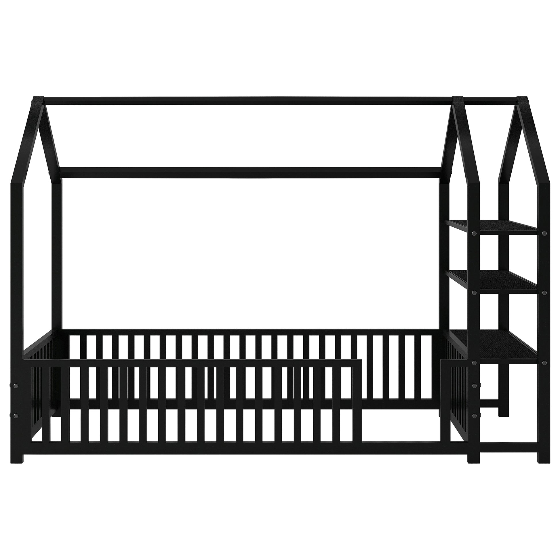 Twin Size Metal House Bed With Fence And Detachable Storage Shelves, Black Twin Black Metal