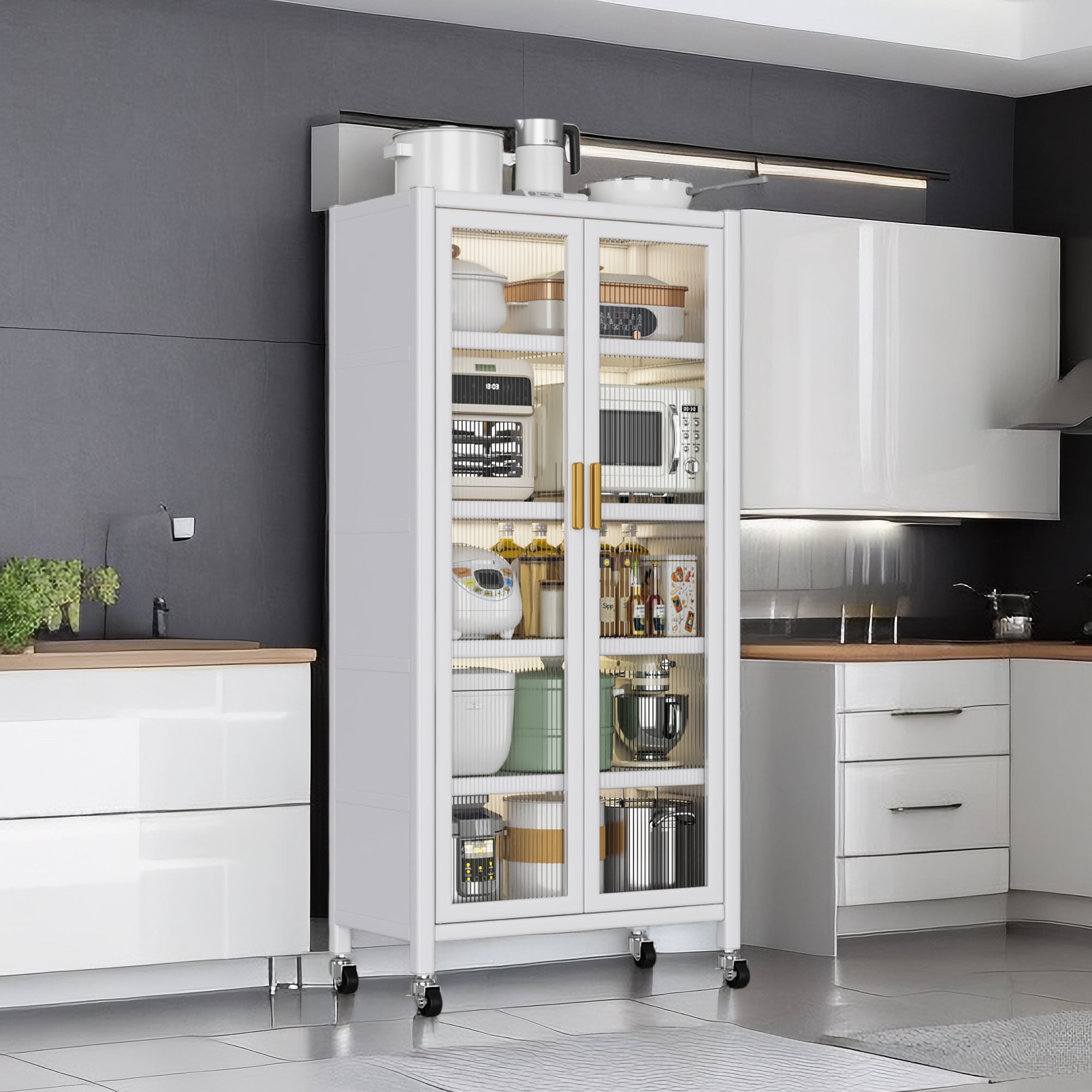 Open Door Kitchen Shelving Floor To Ceiling Multilevel Household Microwave Storage Cabinet Bowls Side Cabinets Cabinets Storage Cabinets White Color White American Design Metal