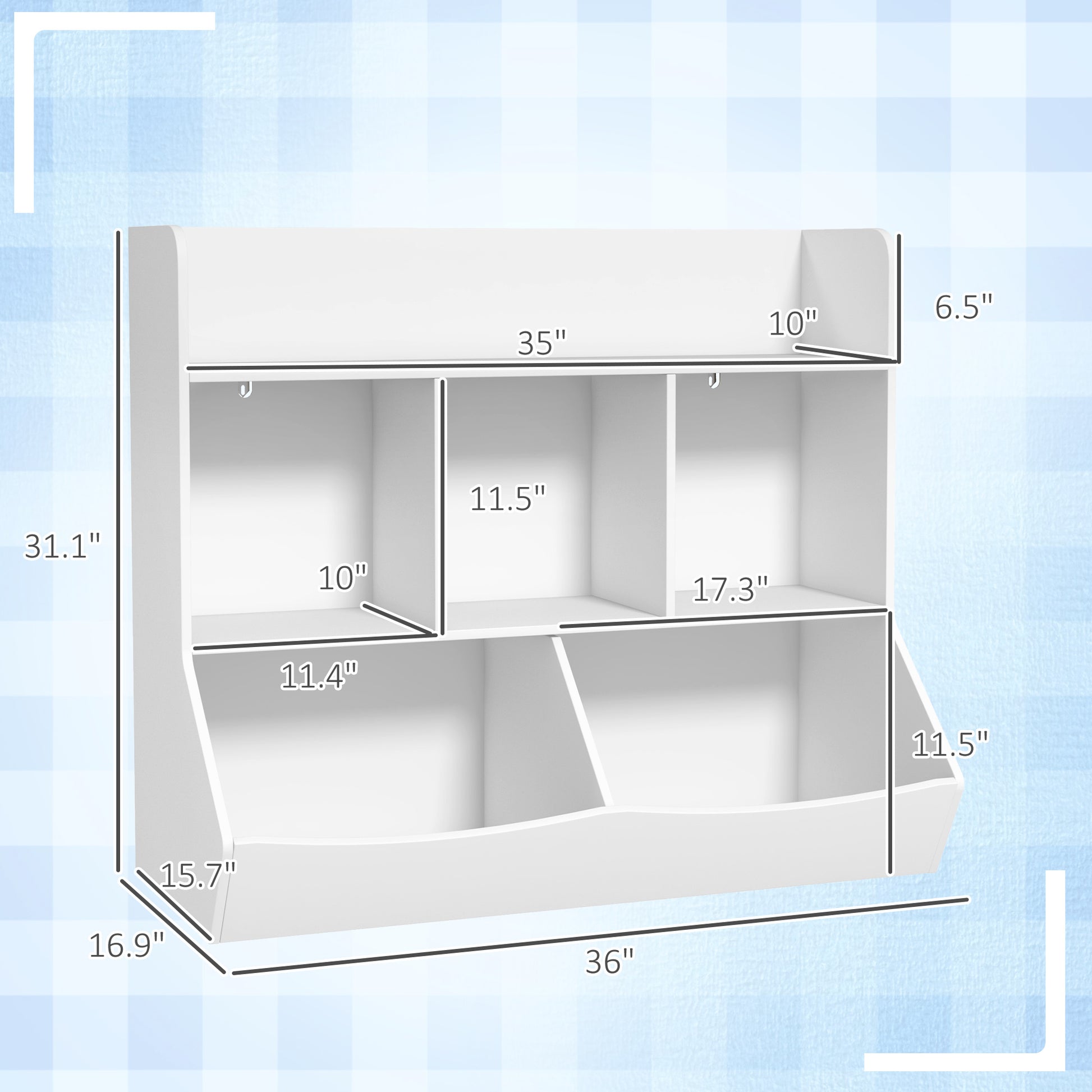 Qaba Kids Toy Shelf, 3 Tier Kids Bookcase With 5 Compartment, Anti Tip Device, Toy Organizer For Nursery, Living Room, Playroom, Classroom, White White Mdf