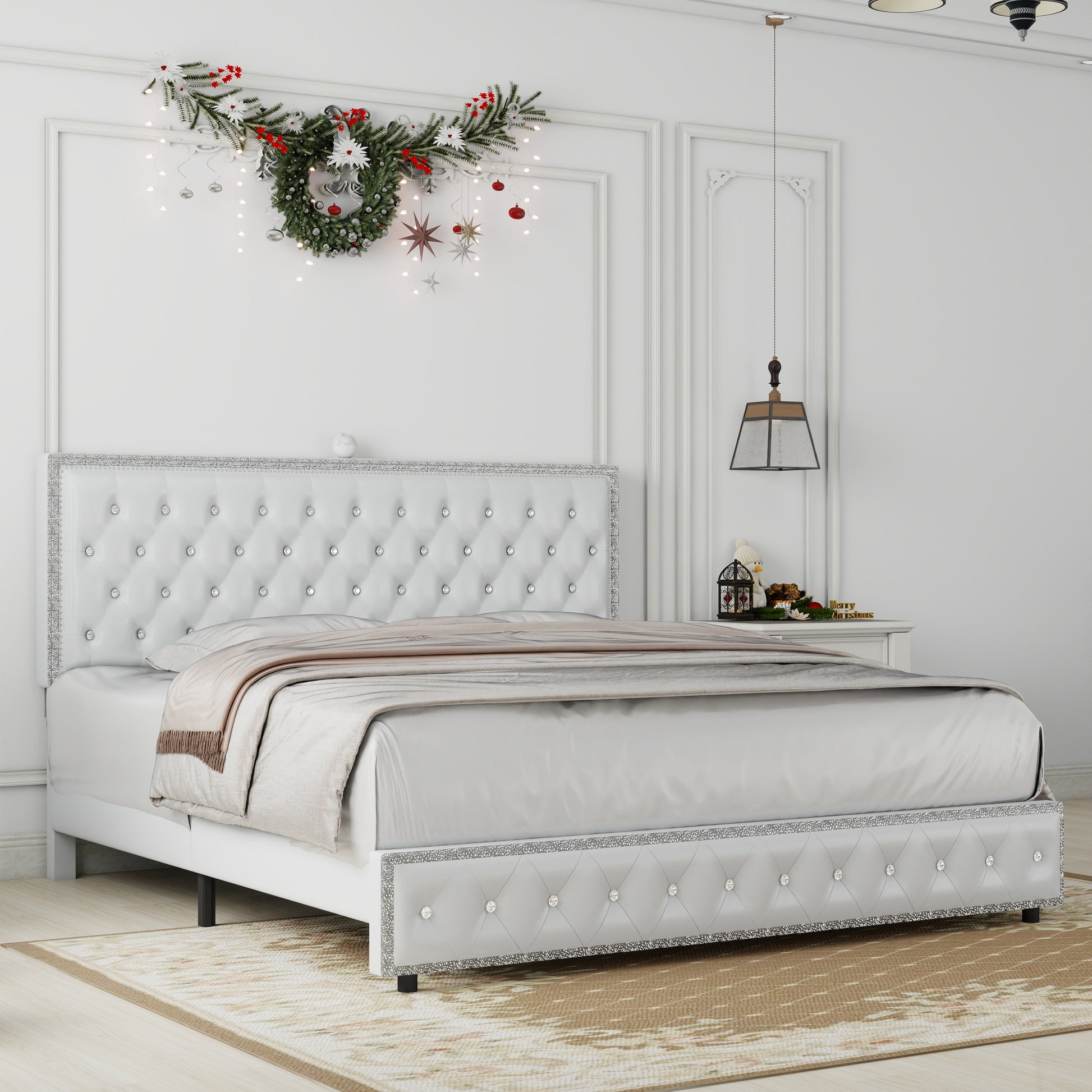 Queen Size Bed Frame With Star Projector Galaxy Light, Adjustable Upholstered Headboard With Diamond Button, Usb Charger, Music Speaker, Pu Leather White Pu Mdf Metal