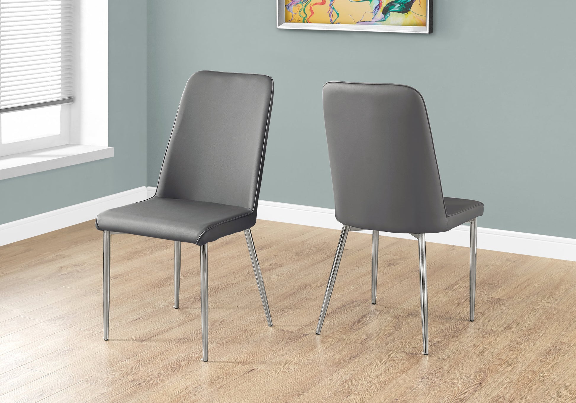 Dining Chair, Set Of 2, Side, Upholstered, Kitchen, Dining Room, Grey Leather Look, Chrome Metal, Contemporary, Modern Grey Foam Faux Leather