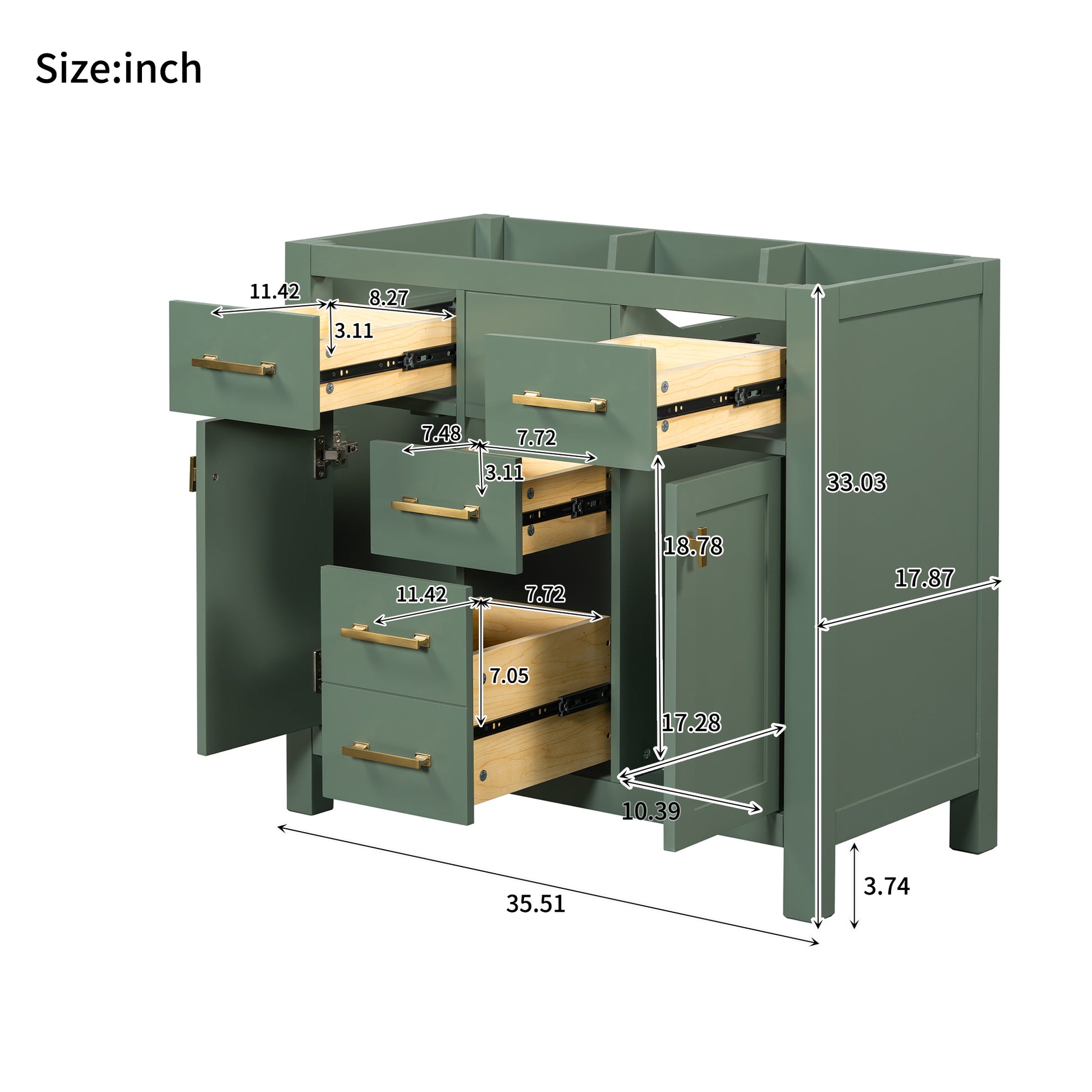 36'' Bathroon Vanity Without, Modern Freestanding Single Bathroom Cabinet With 4 Drawers & 2 Cabinets,Storage Cabinet For Bathroom, Solid Wood Frame Vanity Only, Green Not Include Sink Green Solid Wood Mdf