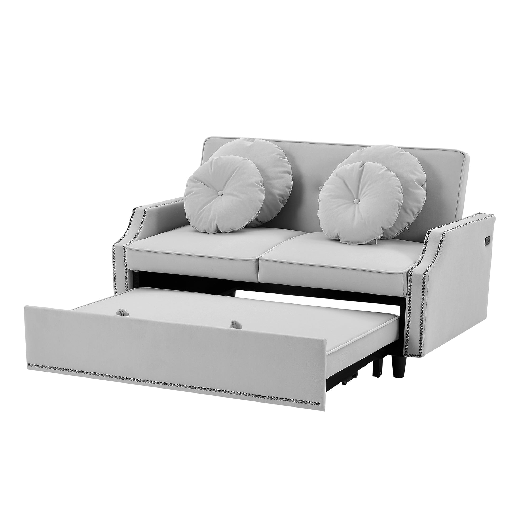 54.7" Multiple Adjustable Positions Sofa Bed Stylish Sofa Bed With A Button Tufted Backrest, Two Usb Ports And Four Floral Lumbar Pillows For Living Room, Bedroom,Or Small Space, Light Grey Light Grey Foam Polyester 2 Seat