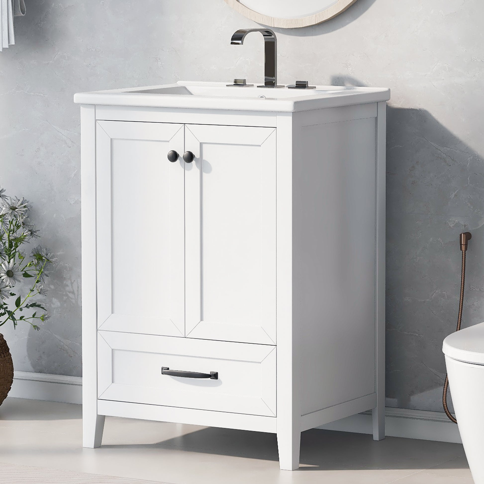 24" Bathroom Vanity With Sink, Bathroom Vanity Cabinet With One Drawer And Doors, Solid Wood And Mdf, White White Solid Wood Mdf