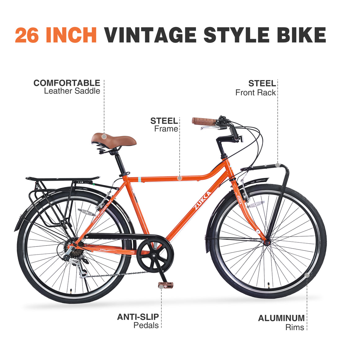 7 Speed, Steel Frame, Multiple Colors 26 Inch Vintage Style Bike,Retro Commute Bike For Women And Men Orange Steel