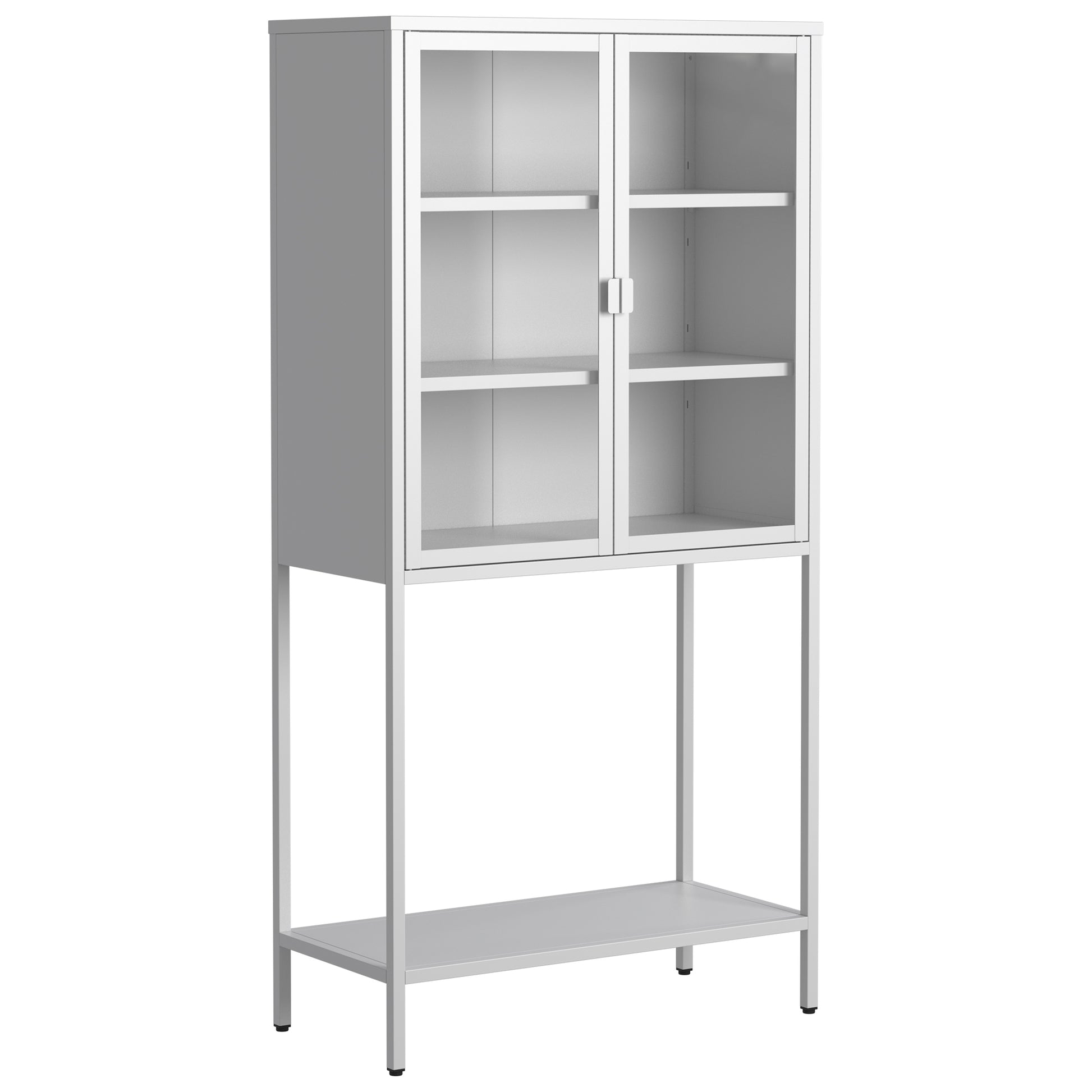 59"H Heavy Duty Metal Storage Cabinet, Display Storage Cabinet With Glass Doors And 2 Adjustable Shelves, Tall Bookcase Modern Bookshelf Cabinet For Home Office, Living Room, Pantry Accent Chests 1 2 Shelves Antique White Primary Living Space Glass Doors