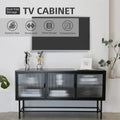 Retro Style Entertainment Center Tv Console Tv Stand With Enclosed Storage Display Cupboard Stylish Fluted Glass Tv Table With Wide Countertop Glass Doors Detachable Shelves Old Sku:W68751720 Black Steel