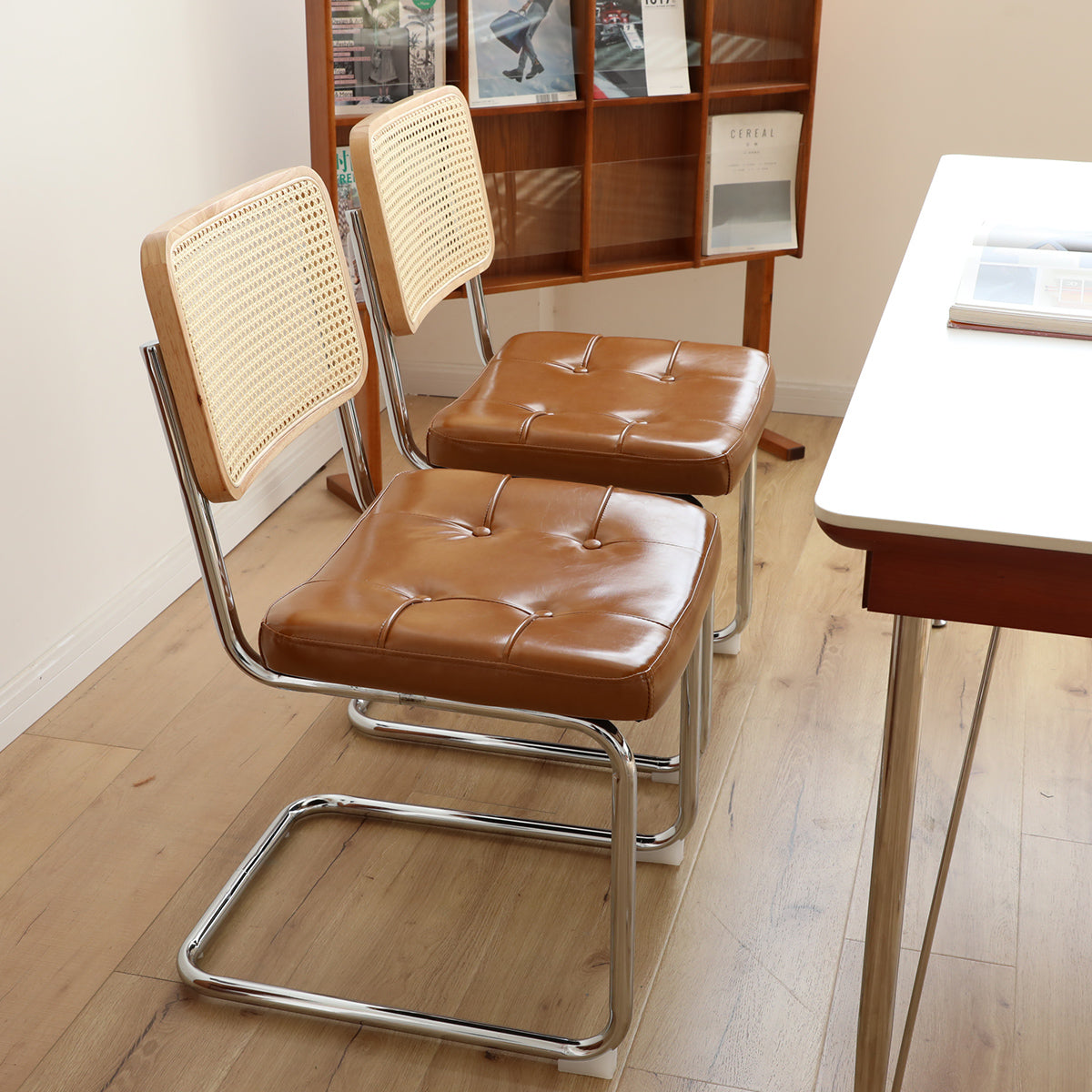 Dining Chairs Set Of 2, Fauex Leather Rattan Side Accent Chairs With Chrome Legs, Modern Mid Century Breuer Designed Chairs, Upholstered Dining Living Room Kitchen Chairs Brown 2Pcs Brown Faux