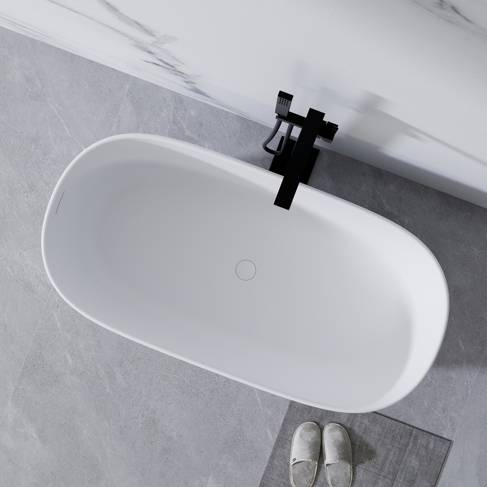 51'' Freestanding Bathtub Resin Stone Soaking Bathtub Solid Surface Modern Tubs With Overflow And Pop Up Drain In White Matte White Oval Bathroom Freestanding Tubs Matte Less Than 59 In Soaking Center Solid Surface Solid Surface