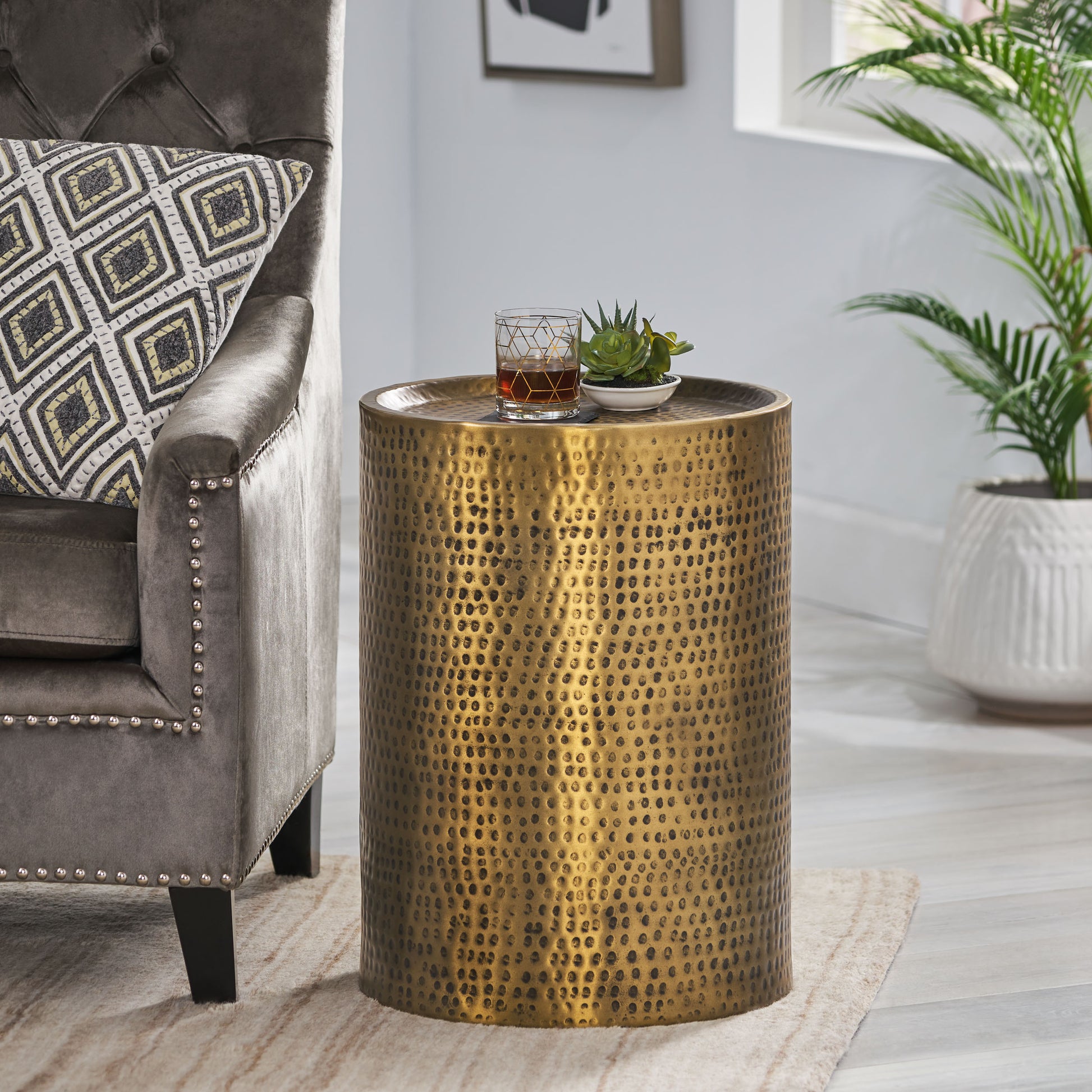 Drum Side Table Antique Brass Aluminium