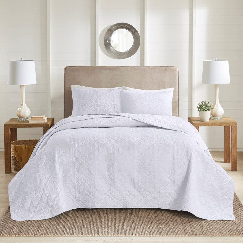 3 Piece Reversible Bedspread Set White King Cal King King White Polyester