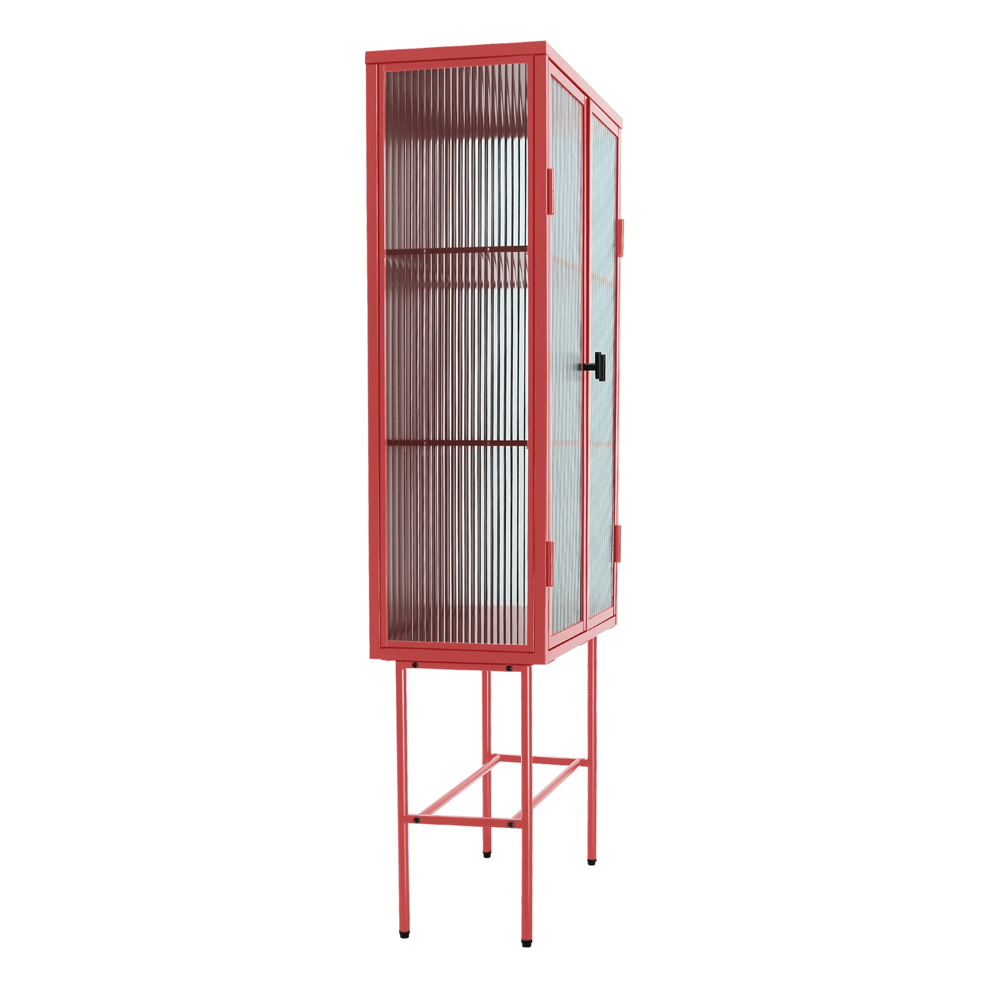 Retro Style Red Tall Freestanding Display Cupboard Stylish Fluted Glass Storage Cabinet With Glass Doors Three Detachable Shelves Bottom Space For Office Dining Room Living Room Old Sku:W68751710 Red Steel