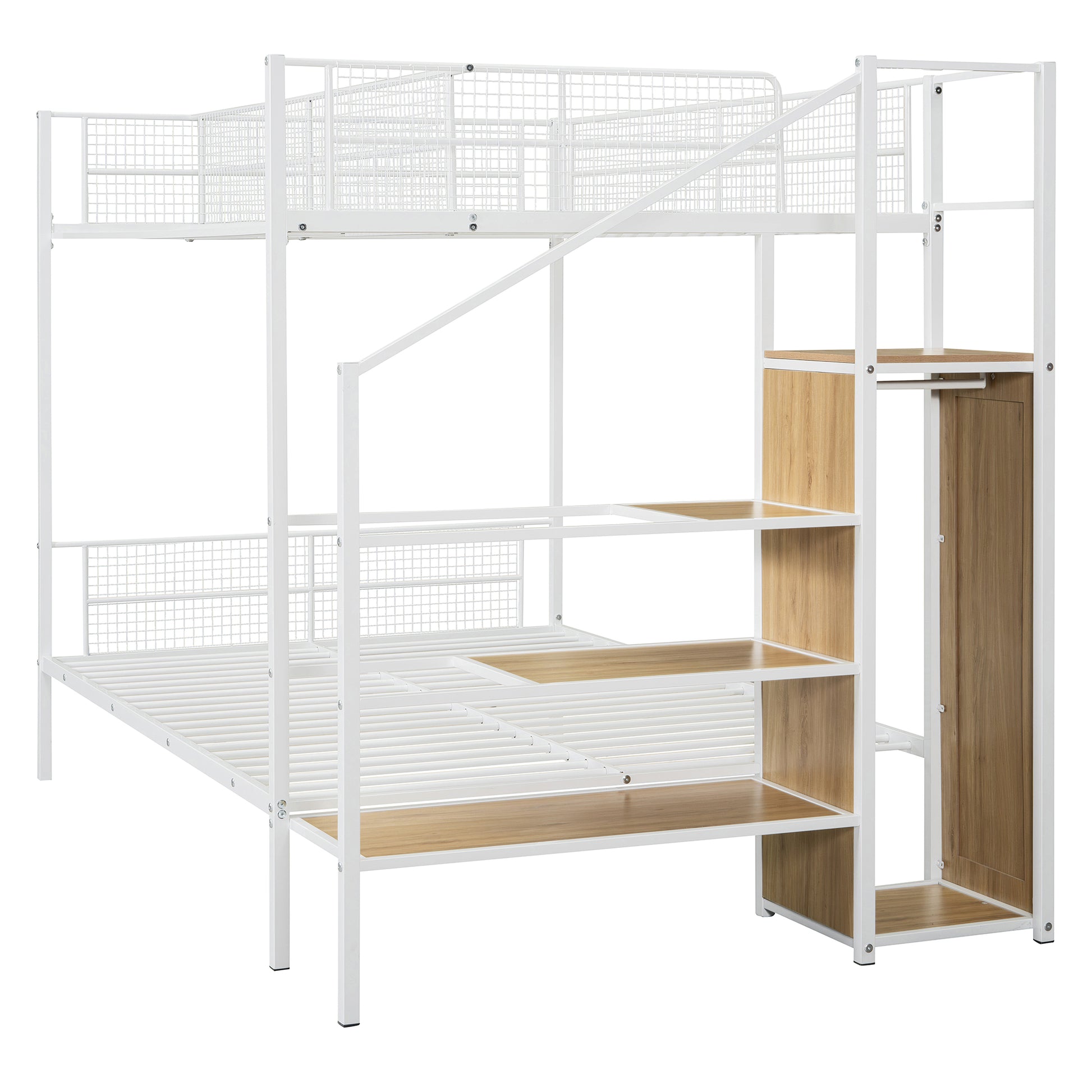 Twin Over Full Metal Bunk Bed With Wire Shelving And Lateral Storage Ladder And Wardrobe, White White Metal