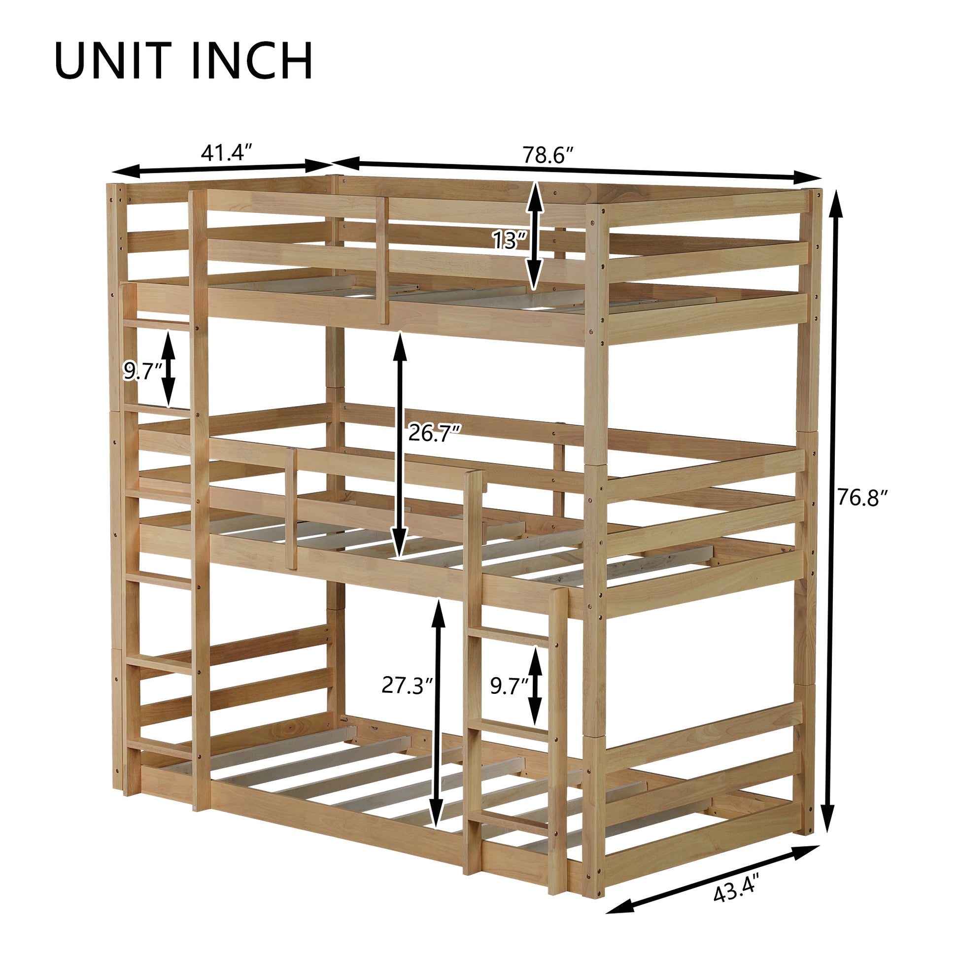 Triple Rubber Wood Bunk Bed With Two Built In Ladders, Guardrails, Twin Over Twin Over Twin, Detachable Triple Twin Bunk Bed,White Oak Twin White Oak Bedroom American Design Bed Frame Rubber Wood