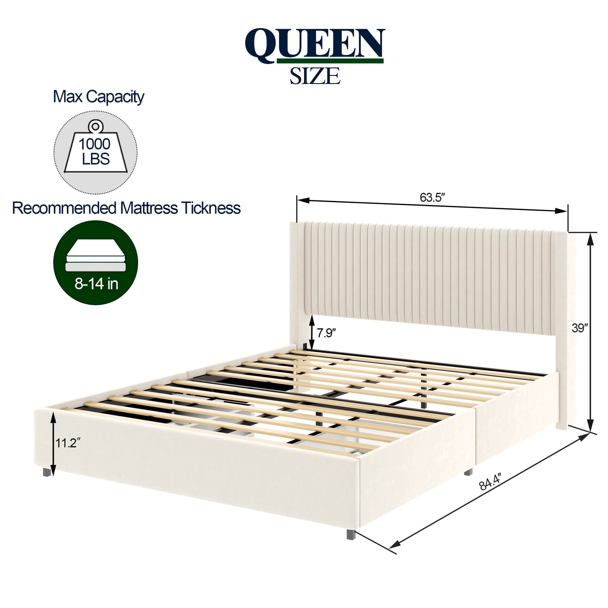 Anna Patented 2 Drawer Storage Bed Queen Size Ivory Velvet Upholstered Wingback Platform Bed, Modern Design Headboard With Tight Channel, Wooden Slat Mattress Support No Box Spring Needed Box Spring Not Required Queen Ivory Metal Bedroom
