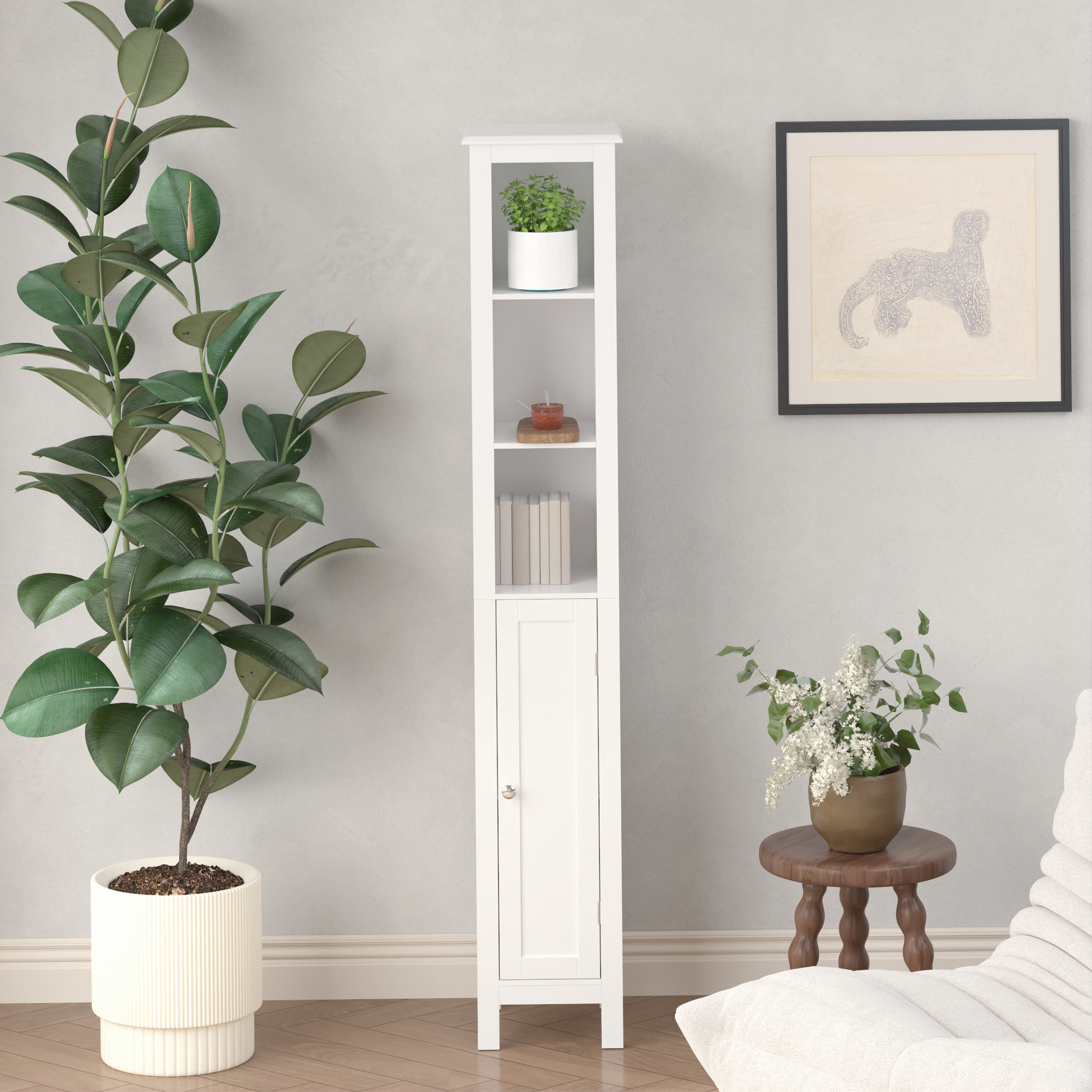 66.92" Tall Bathroom Storage Cabinet With Adjustable Shelves,1 Doors Freestanding Cabinet With Anti Tip, Open Compartments, For Home, Small Spaces, Bathroom,Kitchen, Living Room, White White 1 3 60 In & Above Mdf