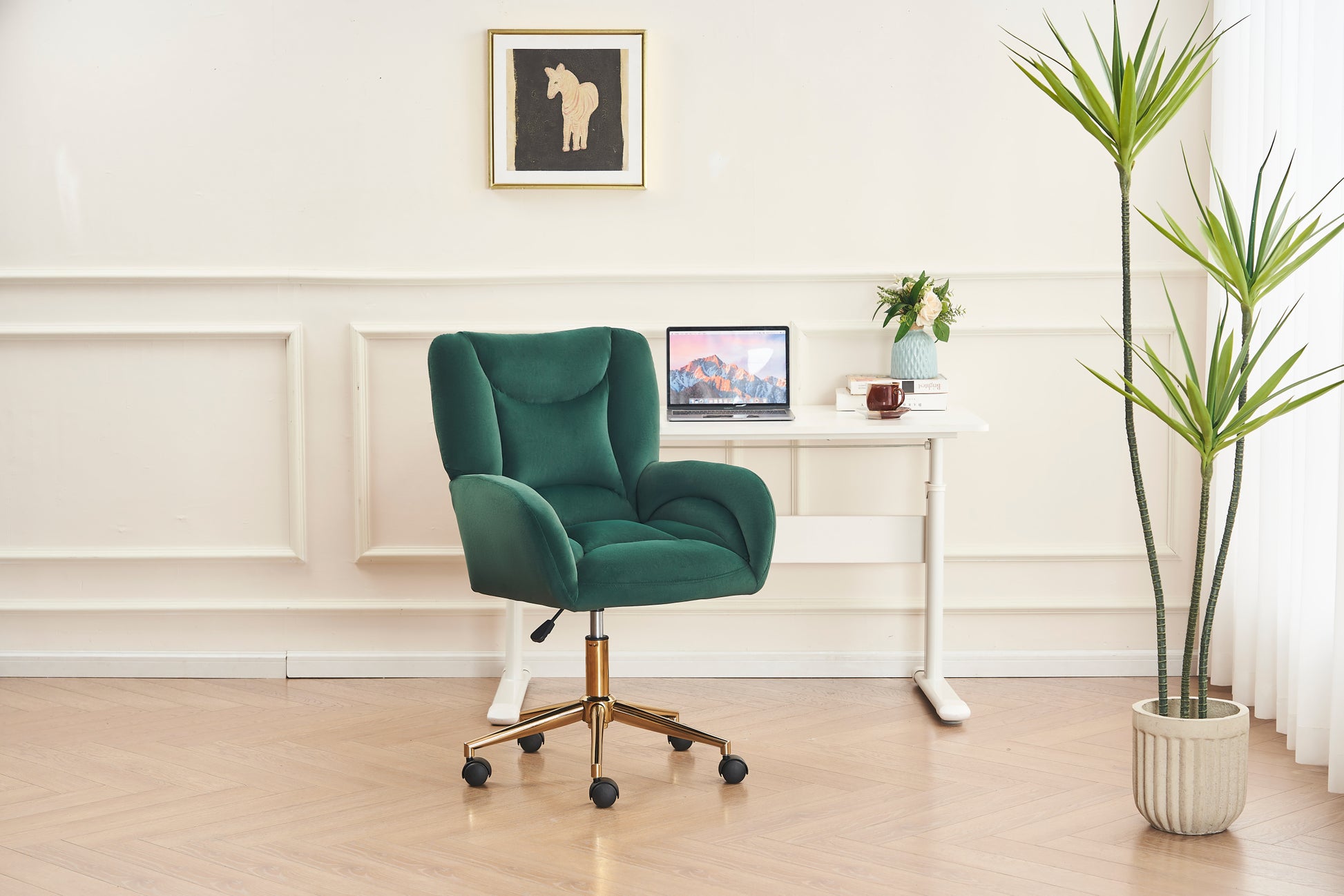 005 Velvet Fabric 360 Swivel Home Office Chair With Gold Metal Base And Universal Wheels,Green Solid Green Office Sponge Wipe Clean Modern Office Chairs Tufted Back Foam Swivel Velvet