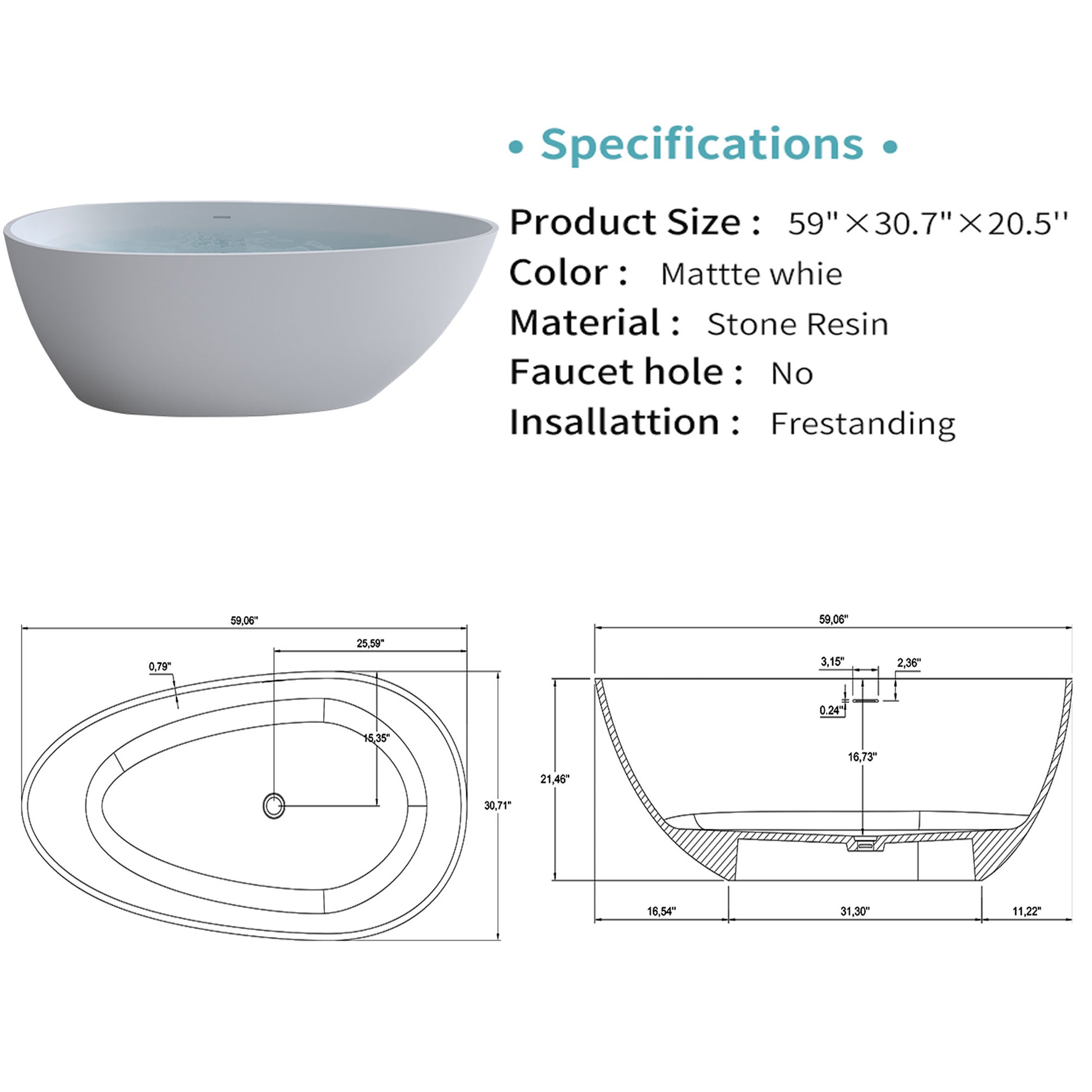 59'' Solid Surface Matte Tub, Freestanding Solid Surface Resin Stone Bathtub, Solid Surface Matte White Soaking Tub,Free Standing Tub With Overflow And Pop Up Drain, Matte White Matte White Oval Bathroom Freestanding Tubs Matte 59 61 In Soaking Center