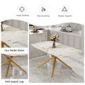 Table And Chair Set.Modern Luxurious Tempered Glass Dining Table Set With Gold Metal Legs And 8 Pu Chairs.White Marble Patterned Sticker Tabletop,White Chairs With Gold Metal Legs. White Gold Seats