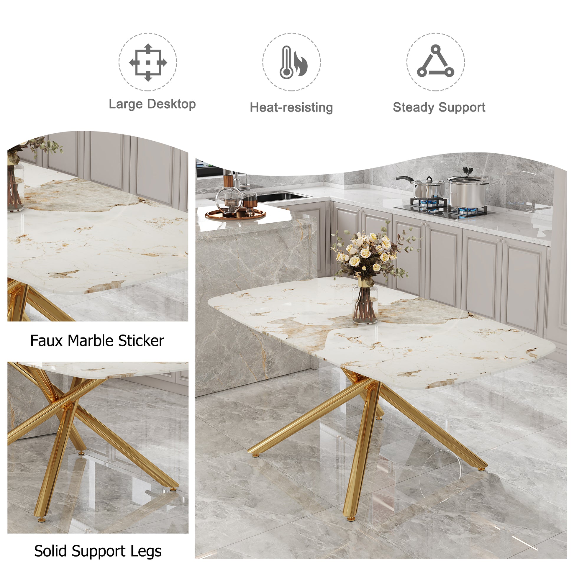 Table And Chair Set.Modern Luxurious Tempered Glass Dining Table Set With Gold Metal Legs And 8 Pu Chairs.White Marble Patterned Sticker Tabletop,White Chairs With Gold Metal Legs. White Gold Seats