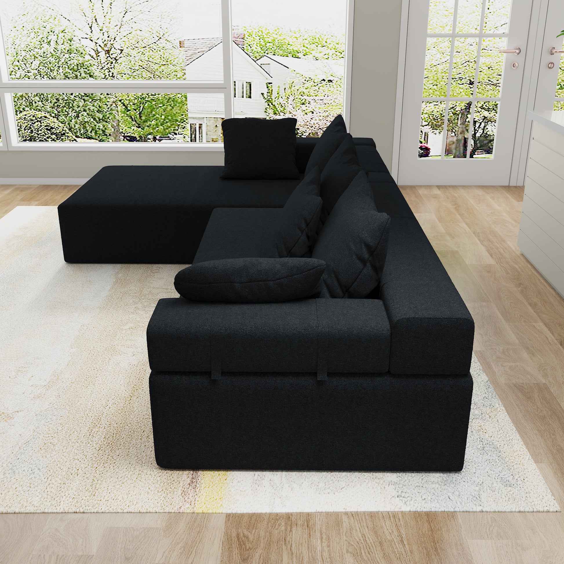 Modern Upholstered Sectional Sofa Couch Set,Modular 108" L Shaped Sectional Living Room Sofa Set With 6 Pillows,Free Combination Sofa Couch For Living Room,Bedroom Left Chaise Black Foam Chenille 3 Seat