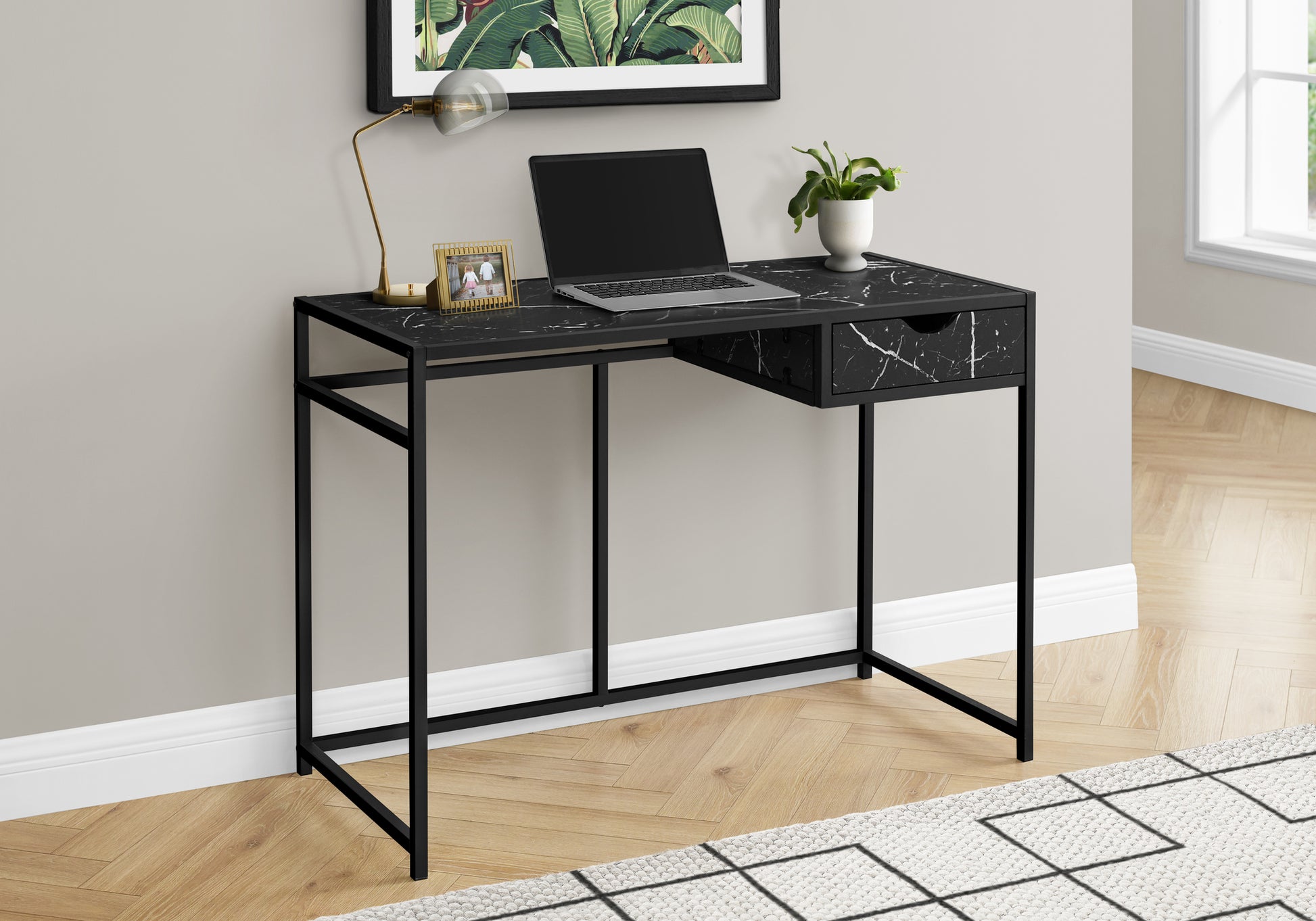 Computer Desk, Home Office, Laptop, Storage Drawer, 42"L, Work, Black Marble Look Laminate, Black Metal, Contemporary, Modern Black Mdf