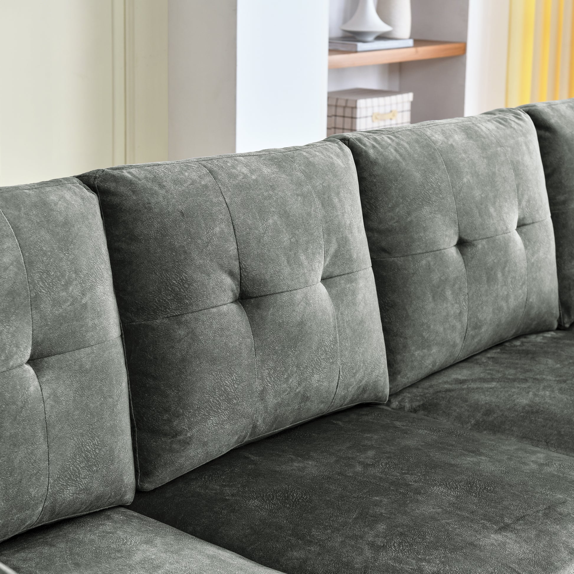 Sectional 3 Seaters Sofa ,Double Sided Multi Functional Footstool, Storage Matnon Slip Leg, Two Pillows, Velvet, Light Grey Light Grey Velvet 3 Seat