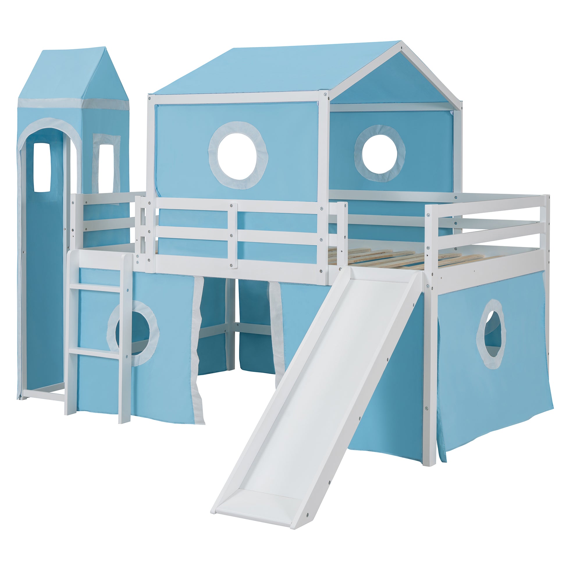 Full Size Loft Bed With Slide Pink Tent And Tower Blue Old Sku:Wf298771Aac Full Blue Solid Wood