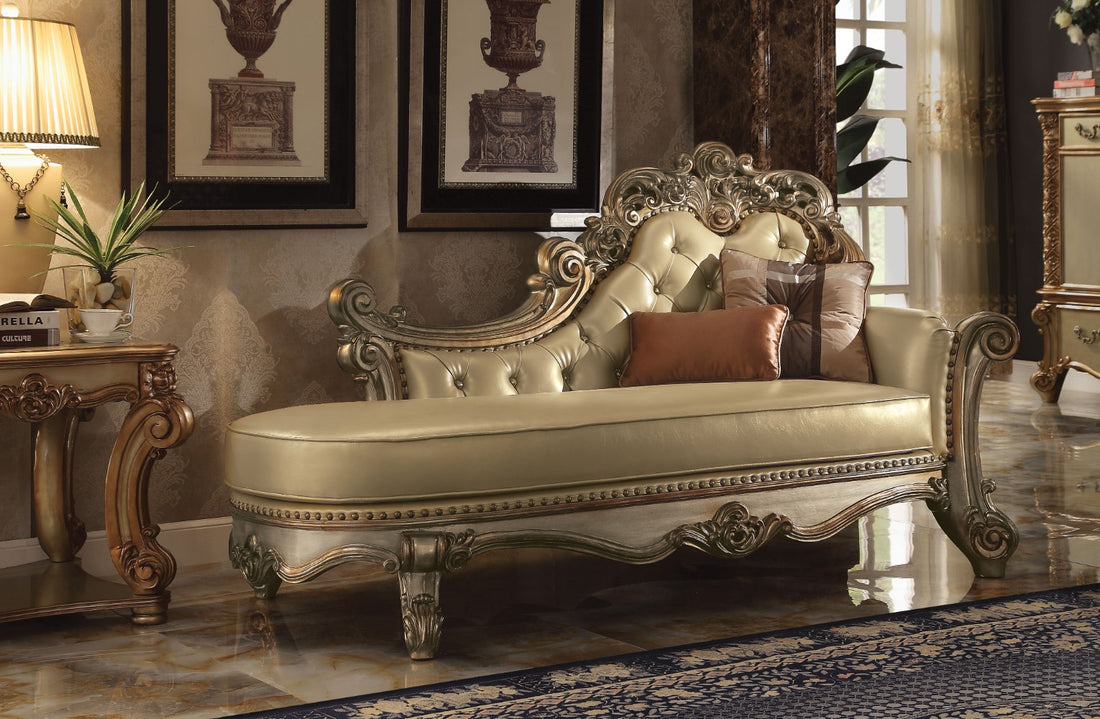 Wooden Gracious Chaise With 2 Pillows, Gold Patina & Bone Gold Wood