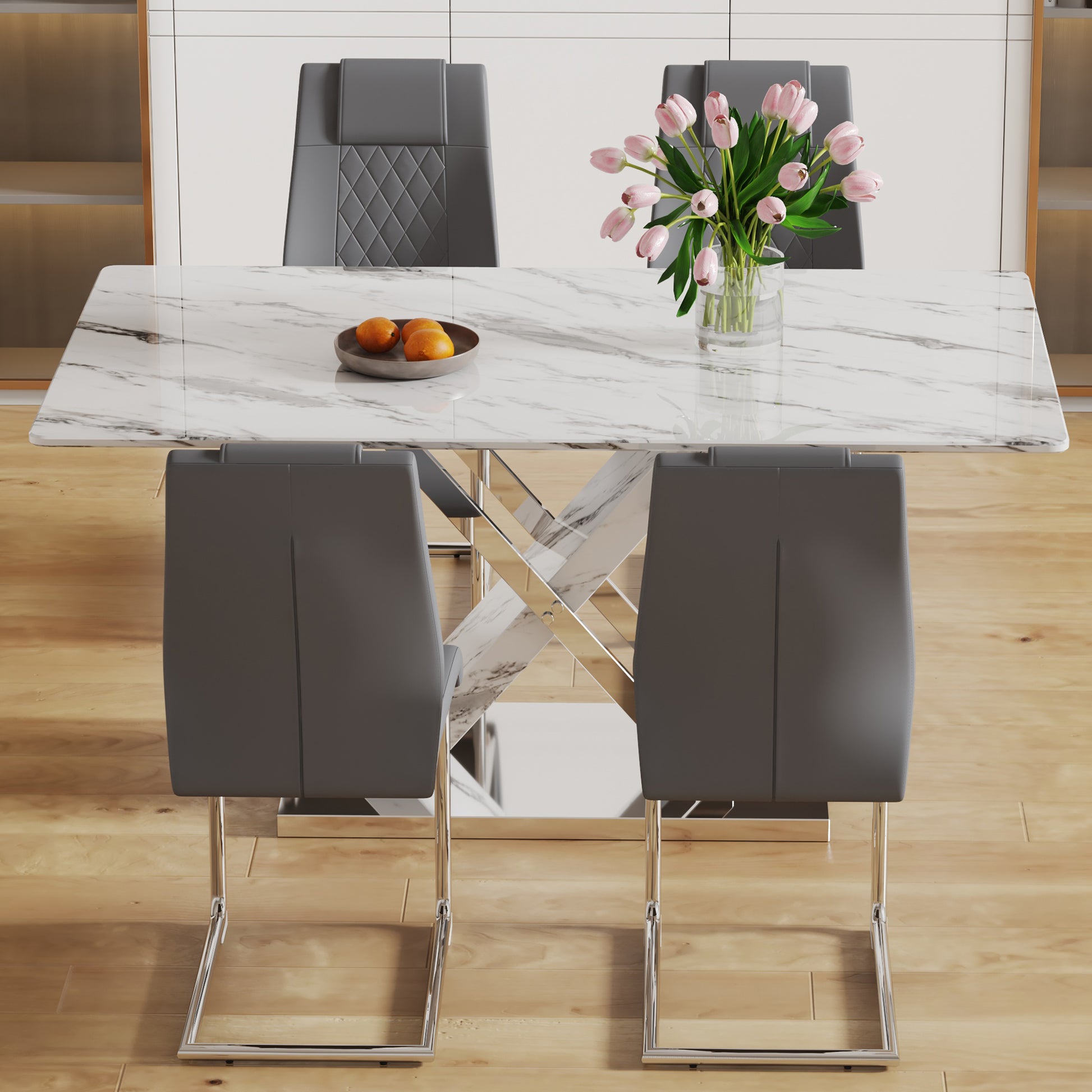 Table And Chair Set, Modern Dining Table, Imitation Marble White Top And Silver Legs, Soft And Comfortable Dining Chair, Perfect For Dinner, Meetings, Home And Office Decor Grey Silver Glass Metal