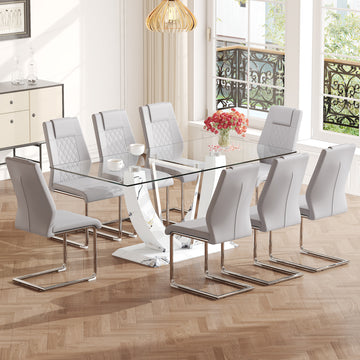 Table And Chair Set, Large Modern Rectangular Glass Table, Can Accommodate 6 8 People, Equipped With A 0.39 Inch Tempered Glass Tabletop And Mdf Table Legs.Paired With Comfortable And Soft Chairs. Light Gray Mdf Glass