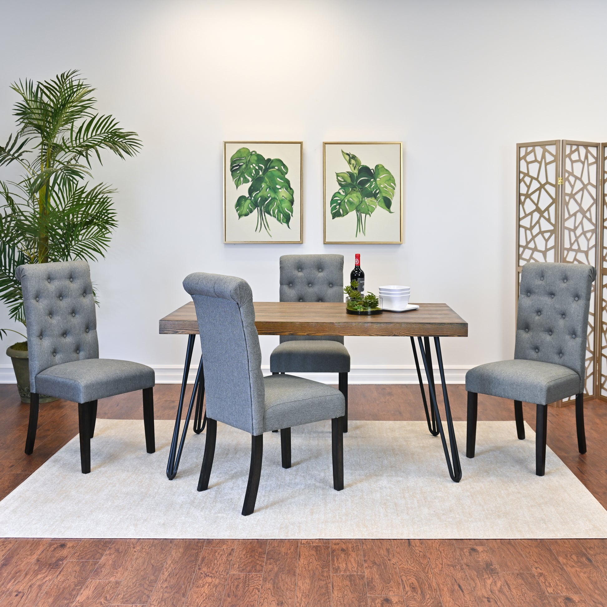 Ashford 5 Piece Dining Set, Hairpin Dining Table With 4 Chairs, 4 Color Options Brown Metal Dining Room Fixed Table Rubberwood Rectangular Dining Table With Chair Wood Wood Brown Seats 4 Rectangular 4 Leg Mdf Metal