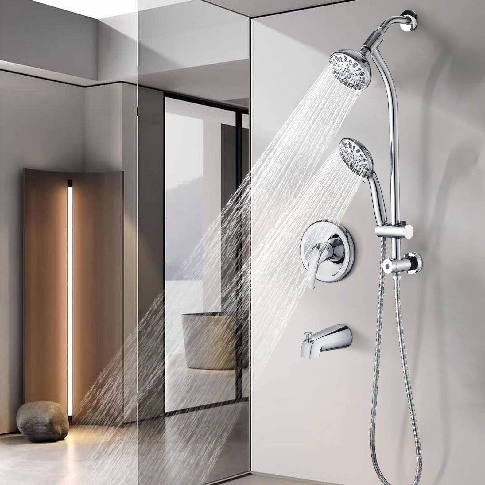 5" Polished Chrome Rain Showerhead With Handheld Tub Spout 7 Spray Modes And Slide Bar Chrome Stainless Steel