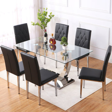 Table And Chair Set, Modern Dining Table, Tempered Glass Tabletop And Silver Colored Leg Table, Soft And Comfortable Dining Chair, Perfect For Dinner, Meetings, Home And Office Decor Black Seats 6 Glass