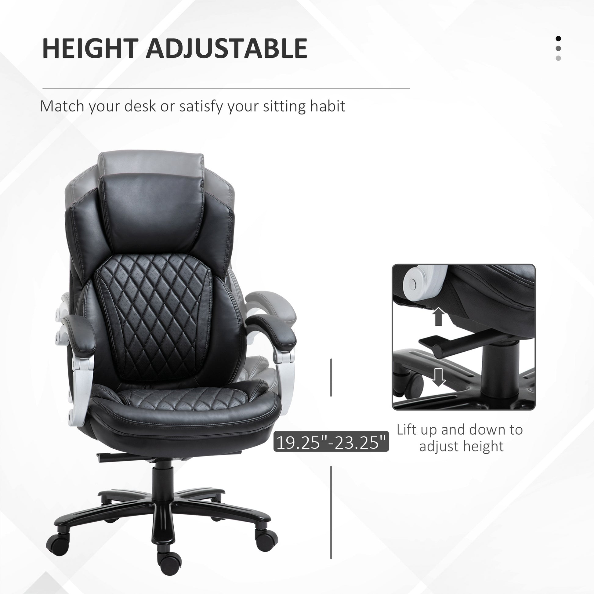Vinsetto Big And Tall Executive Office Chair With Wide Seat, Computer Desk Chair With High Back Diamond Stitching, Adjustable Height & Swivel Wheels, Black Black Pu Leather
