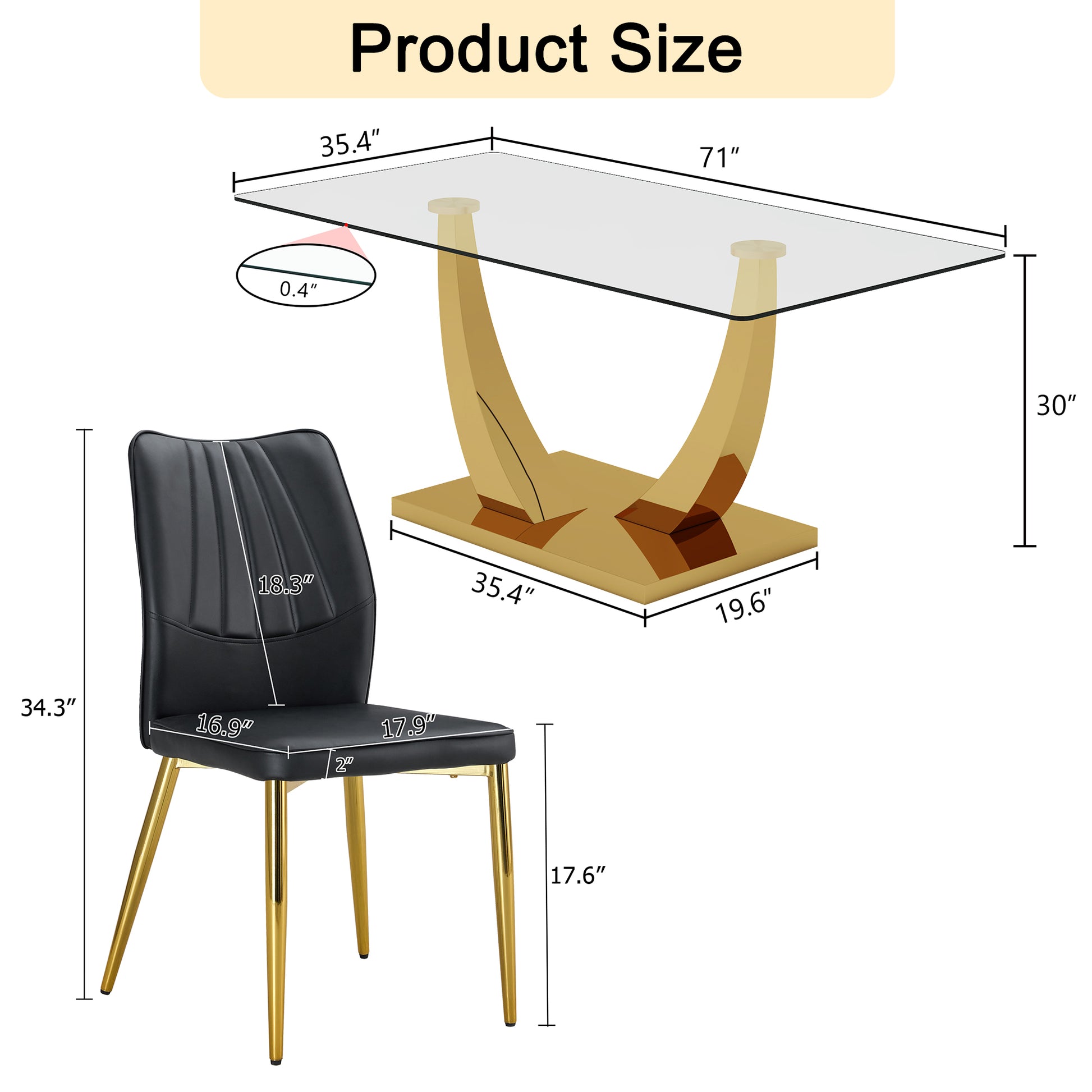 Table And Chair Set.Modern Rectangular Dining Table With Transparent Tempered Glass Tabletop And Gold Plated Metal Legs.Paried With 6 Comfortable Chairs With Pu Seats And Golden Metal Legs. Black Gold,Transparent Seats 6 Glass Metal