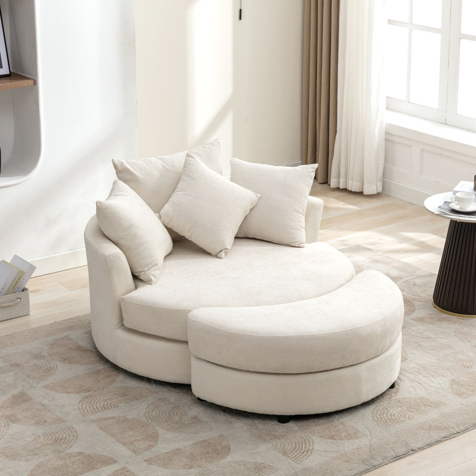 Orisfur. 360 Swivel Accent Barrel Chair With Storage Ottoman & 4 Pillows, Modern Chenille Leisure Chair Round Accent For Living Room, Cream Cream Foam Chenille