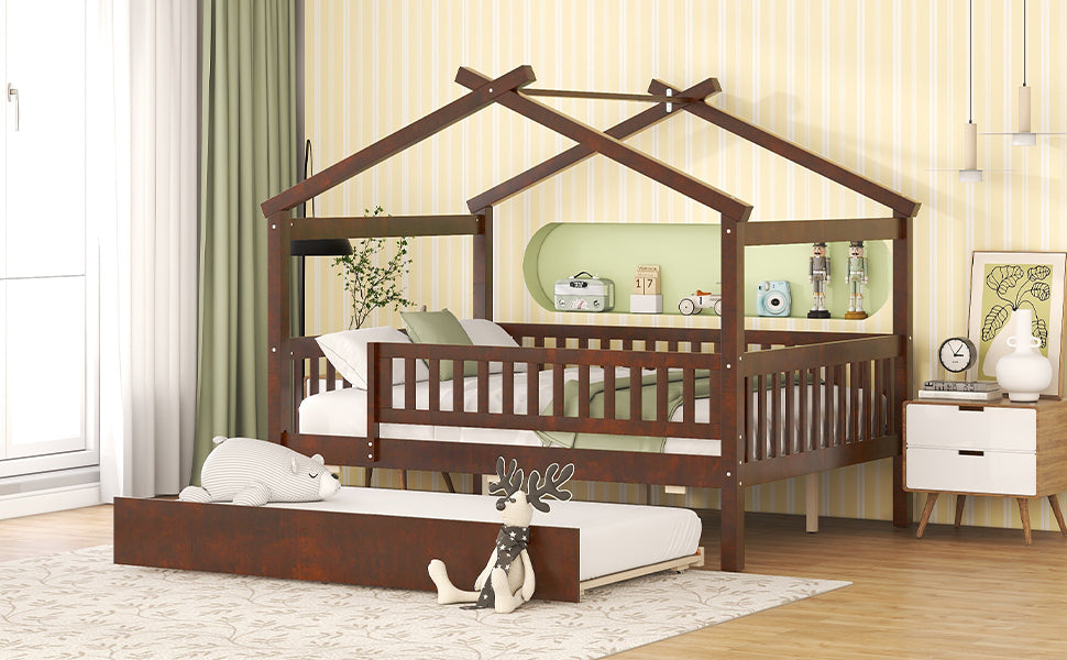 Full Size Wooden House Bed With Twin Size Trundle, Walnut Full Walnut Solid Wood Mdf