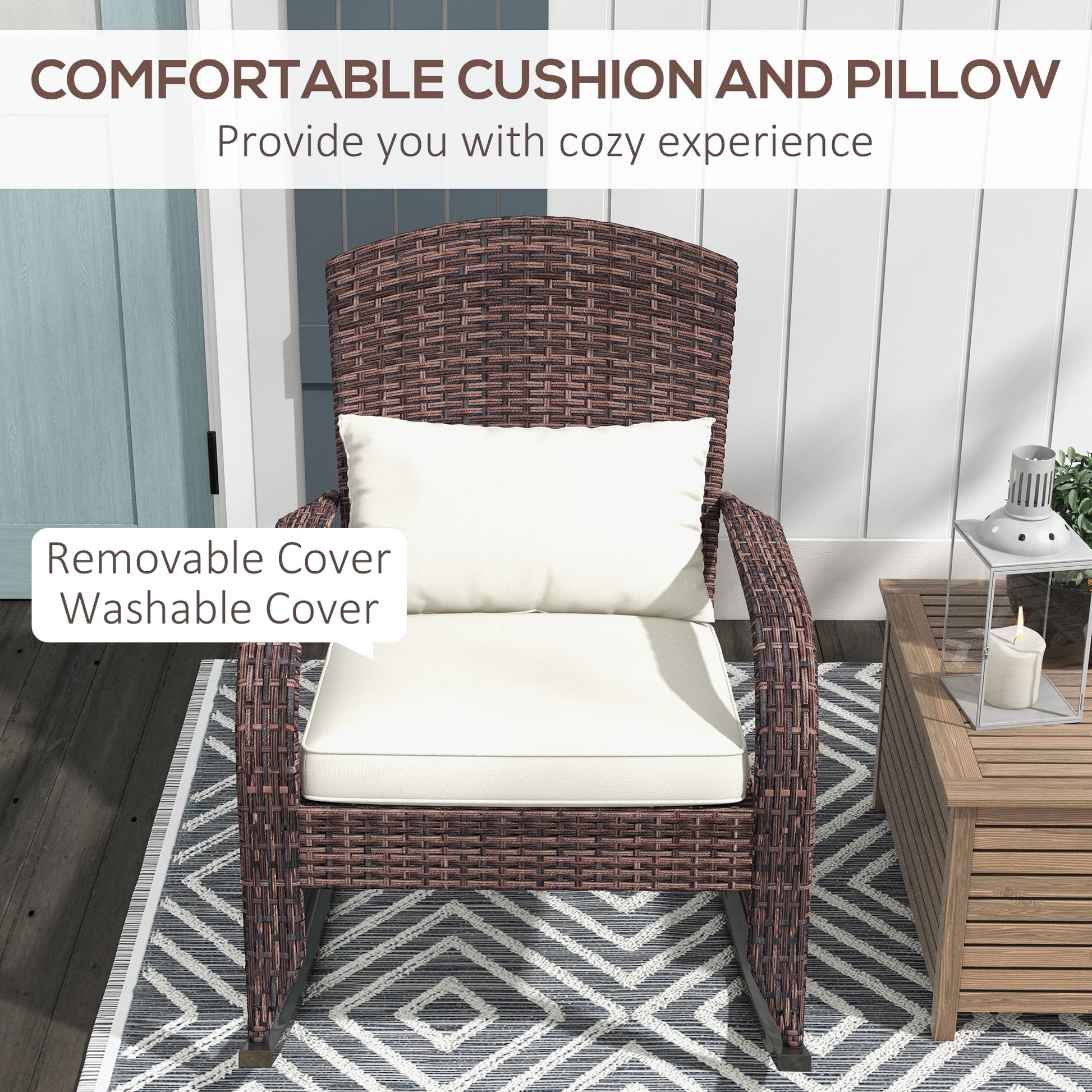 Outsunny Outdoor Wicker Adirondack Rocking Chair, Patio Rattan Rocker Chair With High Back, Seat Cushion, And Pillow For Garden, Porch, Balcony, Cream White White Rattan