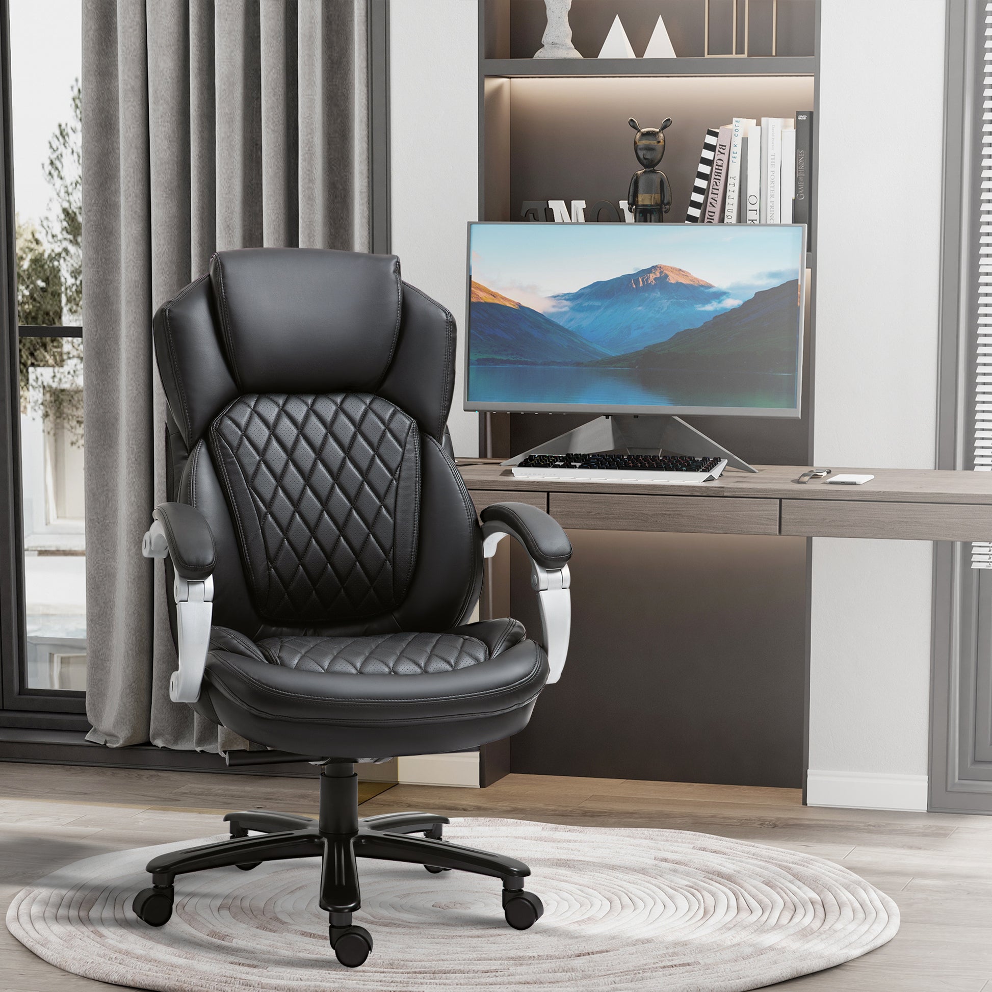 Vinsetto Big And Tall Executive Office Chair With Wide Seat, Computer Desk Chair With High Back Diamond Stitching, Adjustable Height & Swivel Wheels, Black Black Pu Leather