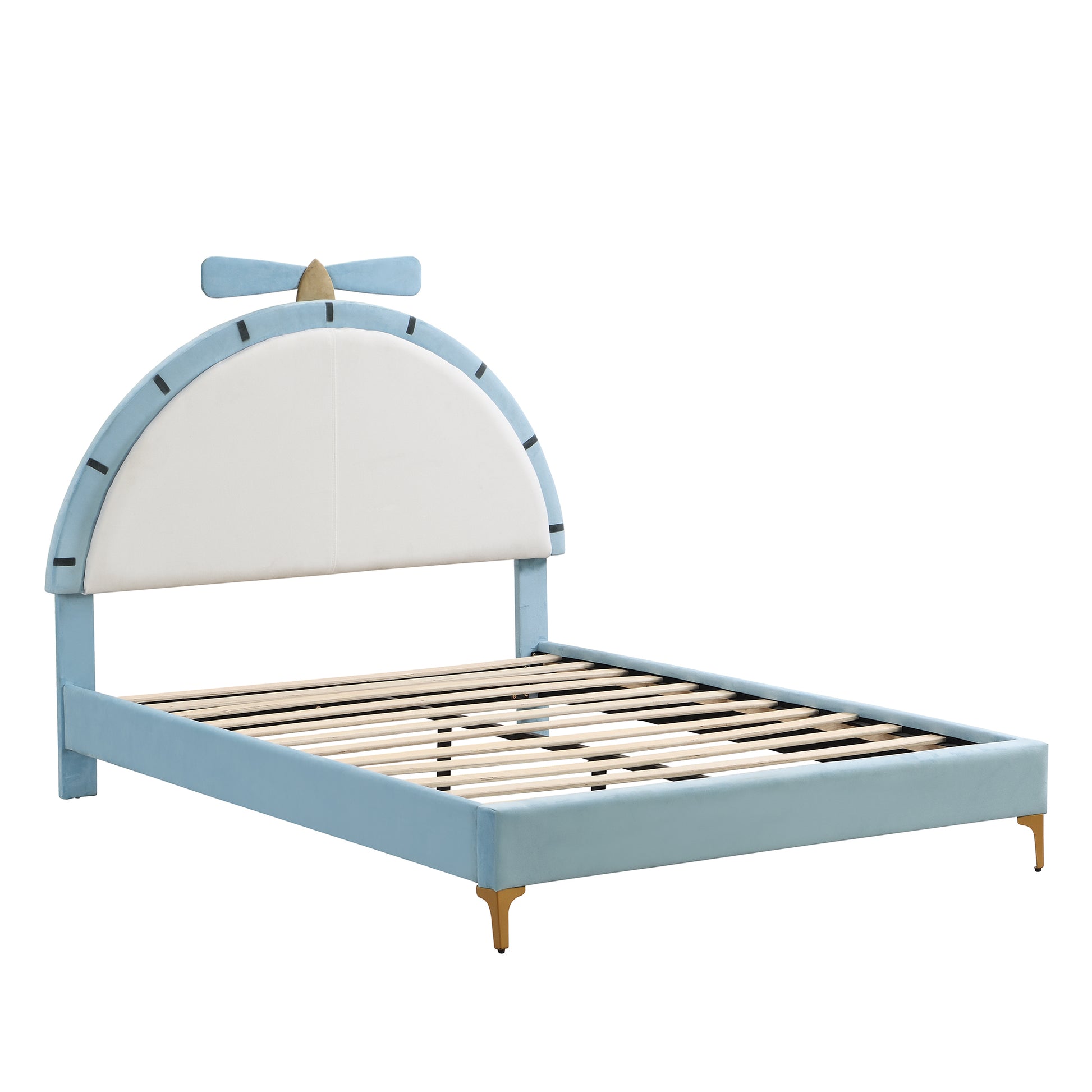 Full Size Upholstered Platform Bed With Alarm Clock Shaped Headboard, Blue Box Spring Not Required Full Blue Wood Bedroom Bed Frame Velvet Upholstered
