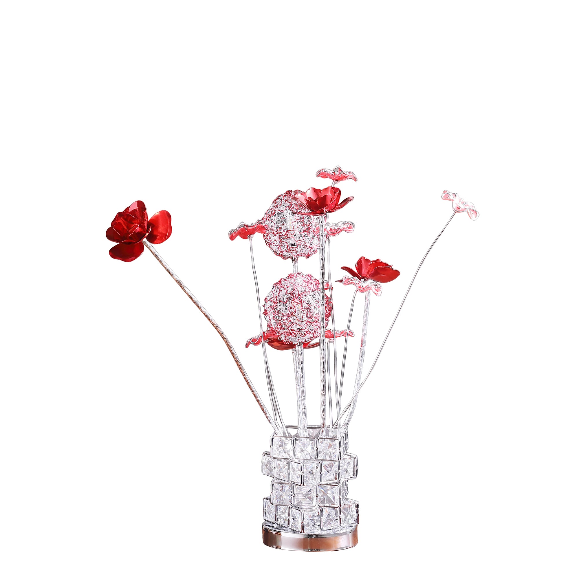 Aluminum 4 Red Roses 6 Petal Floral 2 Red Silver Flower Bud On A 4 Squared Modern Hexagona Chrome Vase Table Lamp For Living Room, Nightstand Bedside Table Lamp For Bedroom, Led Lamp Multicolor Aluminium